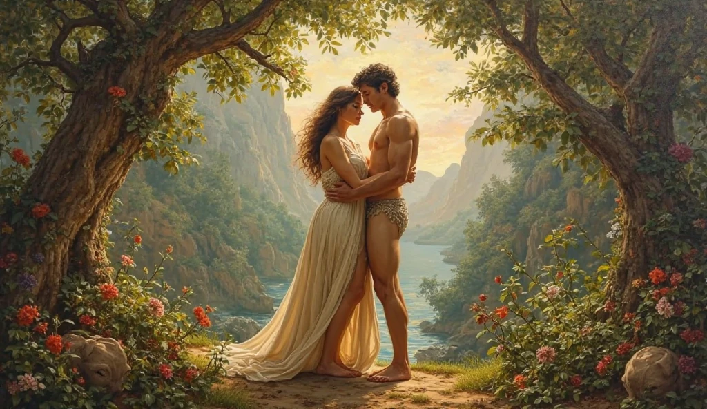 (masterpiece:1.3), (best quality:1.3), Venus and Adonis, in the green mountain-side
