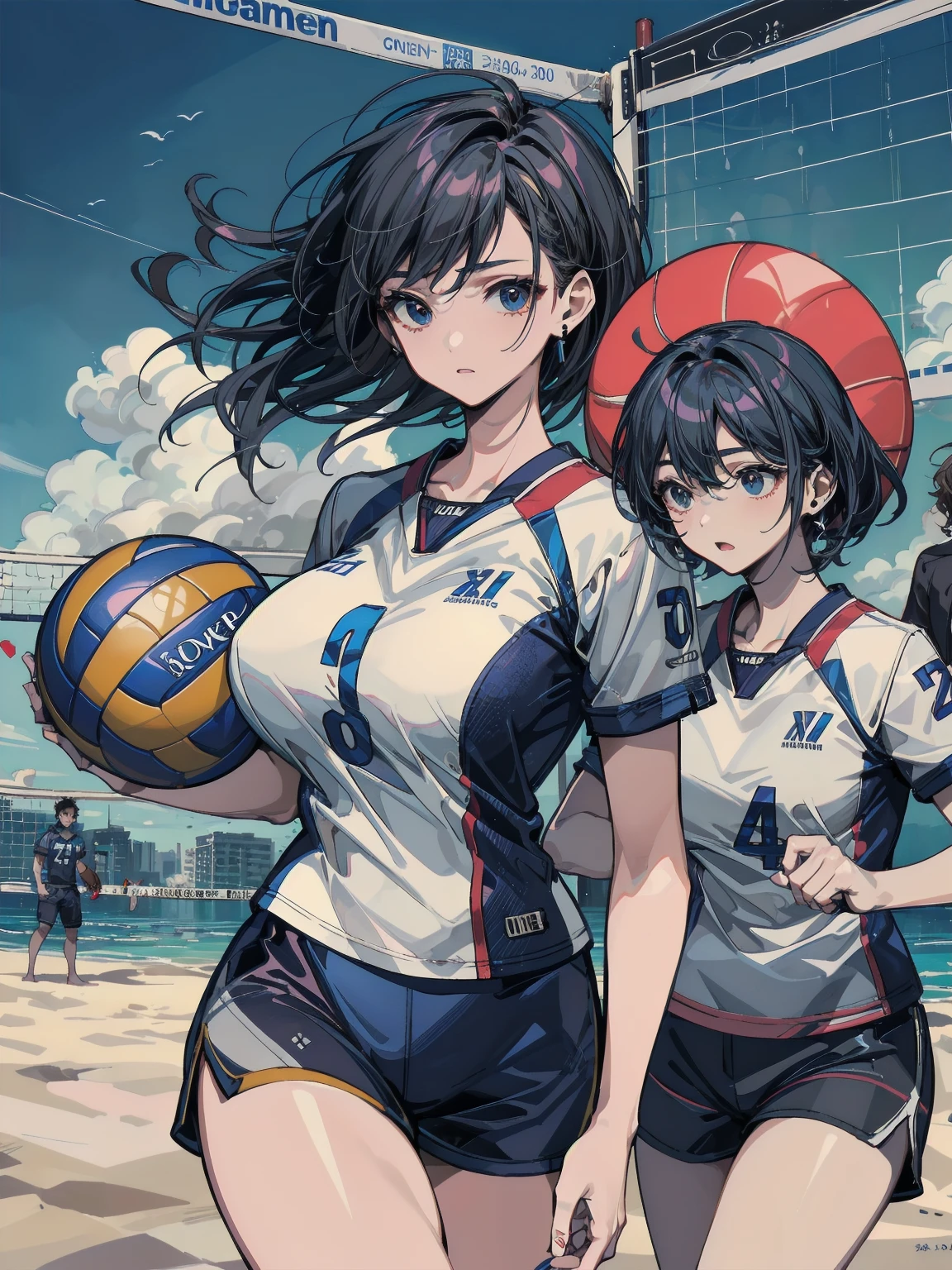 (Two Girls, Same height :1.2) ,Back view, Volleyball Uniforms, Couple Focus , (Cute Japanese Girl) , Very large breasts,(smile:0.7), Stand next to each other , Upper Body, Beach Volleyball,Recall, Realistic nipples, Realistic ass crack, Very Short Hair , (High color saturation:1.0), (Highly detailed skin), (Highest quality:1.2), (Ultra-high resolution:1.0) ,(Like the picture:1.0), (Ultra-detailed:1.0), (Realistic:1.2),(8K, RAW Photos:1.1)