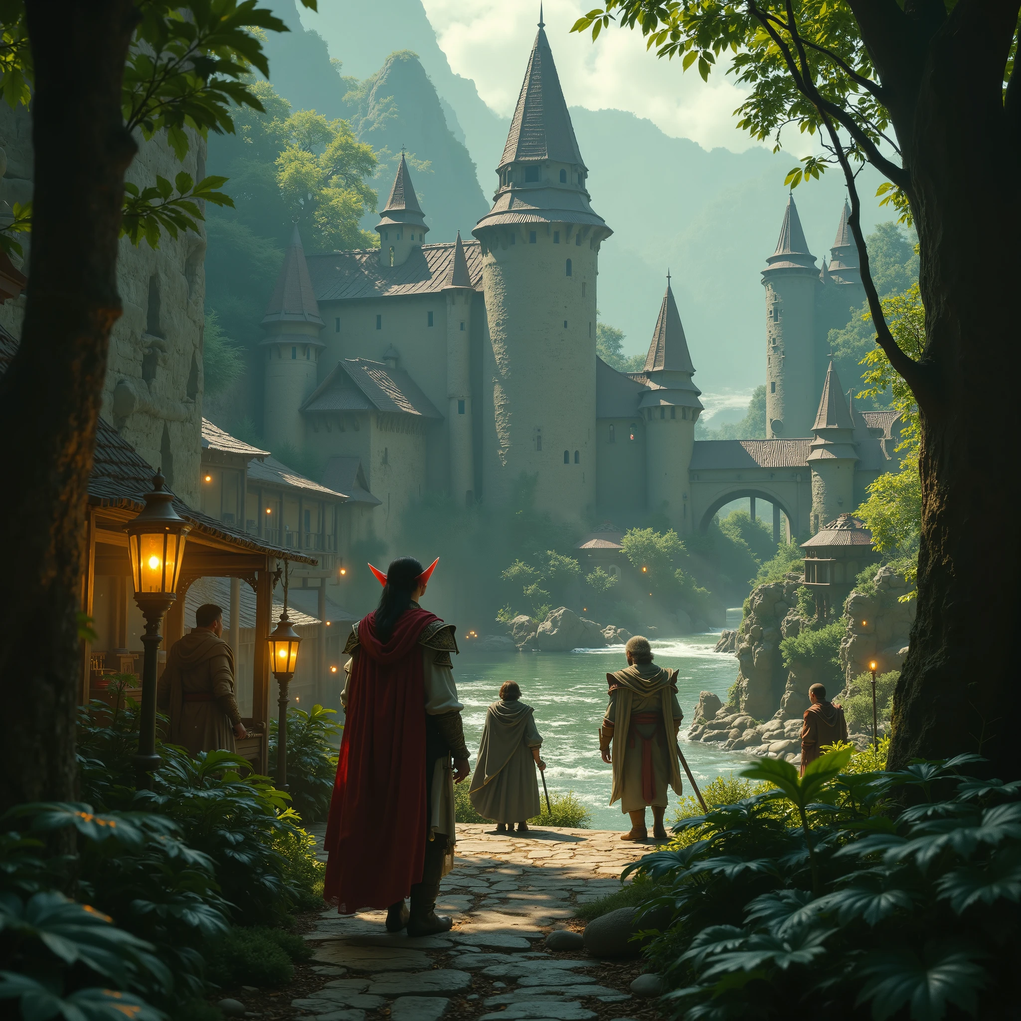 ((ELF EMPIRE)), empire in the huge forest with so many commerce and caravans, big threes, medieval forest huge empire, 4k, Unreal engine, intricate, highly detailed, beautiful lighting, advanced quality, 8k, trending artstation, professional, dramatic, illustration, high quality, beautiful character, Premium portrait, F/22, symmetrical and dynamic poses, RPG, masterwork, advanced quality , beautiful lighting.
