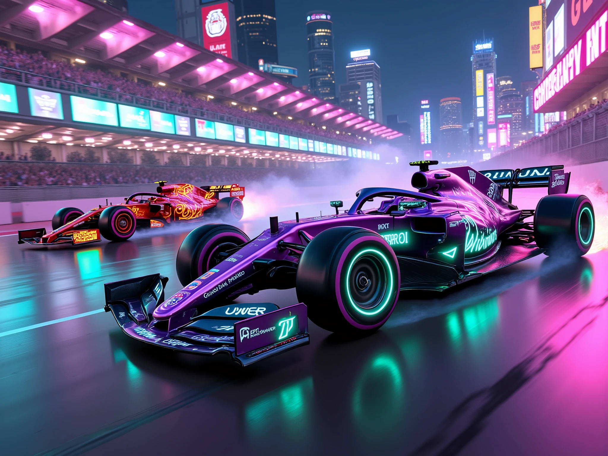 "Futuristic-style (high-octane night race:1.4), depicting an electrifying Formula 1 race under the dazzling lights of a nocturnal circuit. Two rival cars, each with a bold and unique design, are locked in an intense battle for first place, showcasing advanced technology and striking color palettes.
The first car is a sleek, fiery red racer with chrome accents and glowing blue sponsor logos. Its aerodynamic body is adorned with intricate patterns resembling flames, and glowing strips along its edges leave vibrant trails of light as it surges forward (dynamic motion:1.3). The wheels are illuminated with subtle blue rings, adding to its futuristic and aggressive appearance.
The second car is a stunning royal purple machine, shimmering with silver and emerald green details. Sponsor names and designs are elegantly placed along its sides, creating a perfect blend of sophistication and raw power. Its back spoiler glows faintly green, leaving a streak of vibrant light as it races past. The wheels emit a faint emerald glow, amplifying its electrifying presence under the floodlights.
The track is alive with motion, illuminated by vibrant neon signs and roaring crowds in the background (adrenaline-charged atmosphere:1.2). Sparks fly as the cars scrape dangerously close to barriers, while tire marks on the asphalt tell the story of fierce battles fought during the race. Reflections of the city skyline shimmer in the sleek bodies of the cars, glowing exhaust trails pulse with energy, and the raw intensity of engines roaring fills the scene with thrilling competition.
Style: hyper-detailed, vibrant neon lighting, cinematic motion blur, bold contrasts, and a dynamic atmosphere teeming with energy and adrenaline."