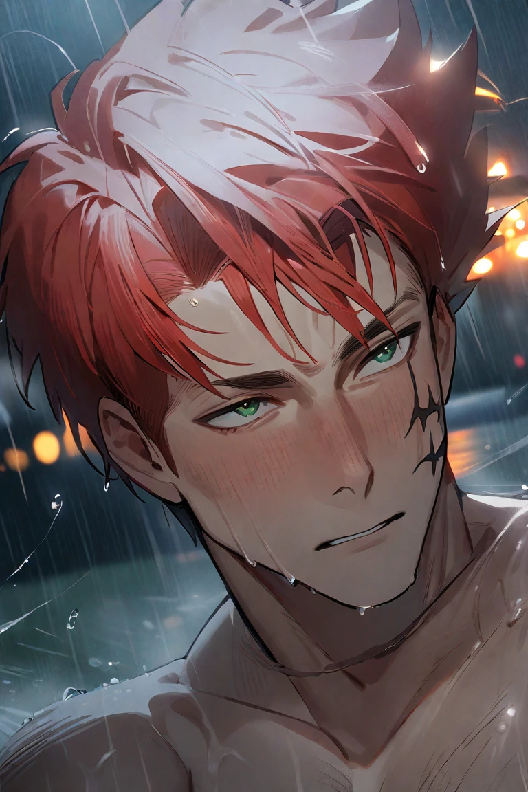 Solo, dark skin man, wet, blood cherry hair, huge pecs, glowing red eyes, bulging , close up, emphasis on chest,