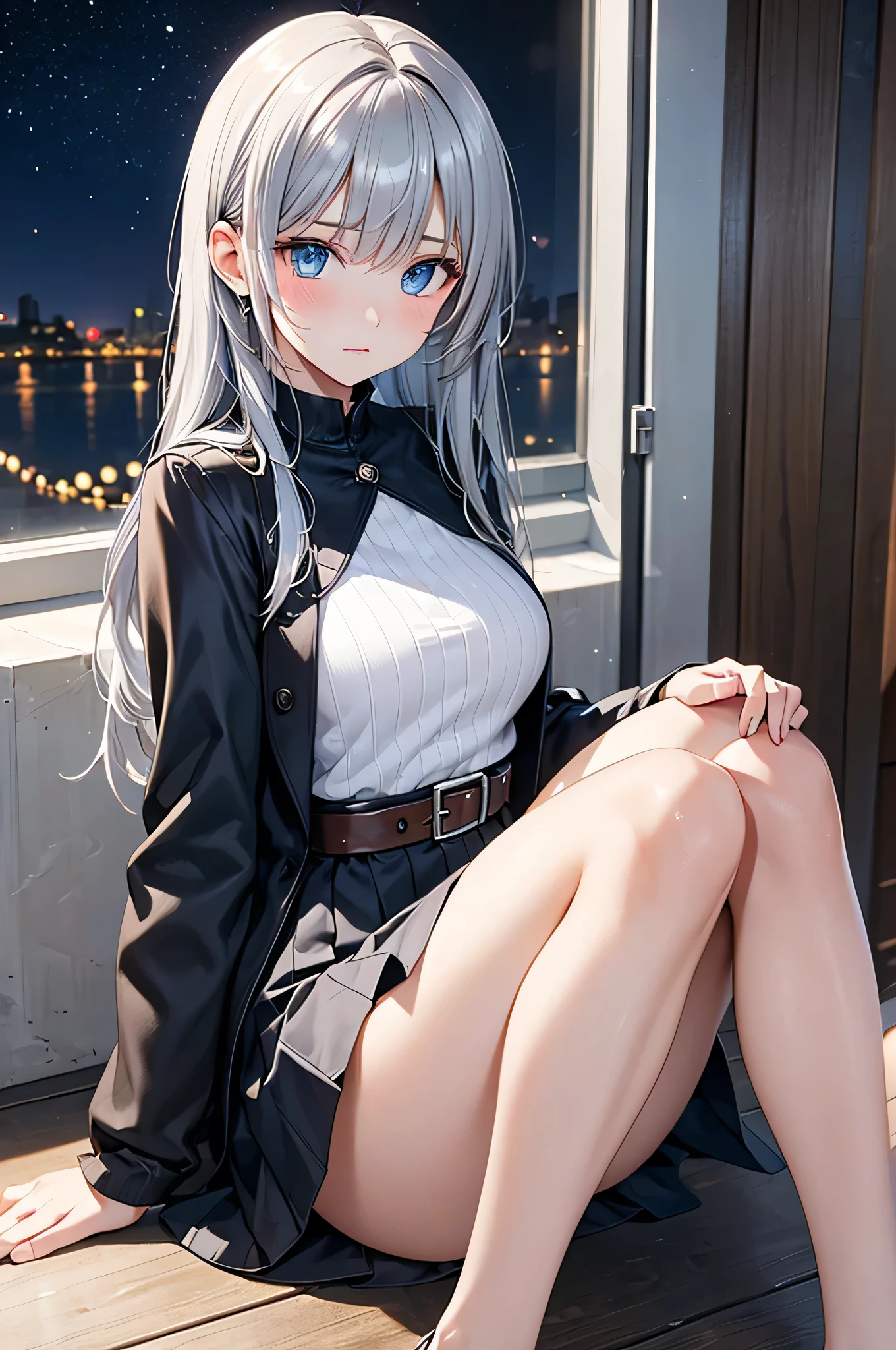 (One girl, 18 years old:1.3), (Realistic:1.4), (masterpiece, highest quality, highest quality, Official Art), Very detailed, Most detailed, (Super detailed), ((Very delicate and beautiful)), Cinematic Light, (Realistically:1.3), (Highly detailed skin:1.2), High resolution, 8k UHD, 4K, 8k, Bokeh, Digital single-lens reflex camera,(Cute older sister:1.3)、Long eyelashes、Slanted Eyes、smile,Spring atmosphere、noon、Aggressive、((Strong winds))、Black knee-high socks、 Dynamic Angle, From above, Moderately breasted, Cleavage, Spread your legs a little、Henry Shirt、skirt、Silver Hair