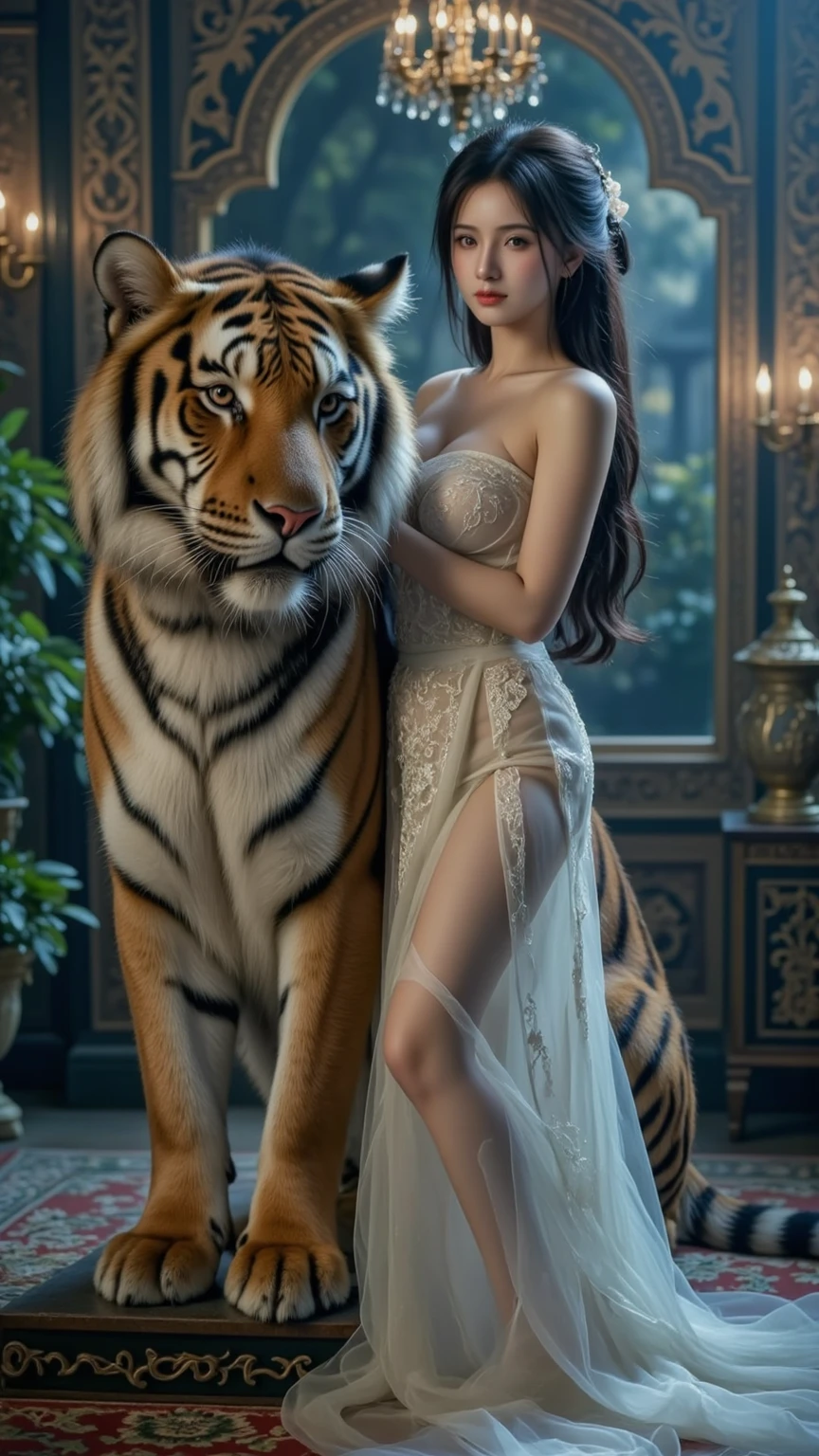 ultra realistic, photography, long red hair, girl, 24 years old, hourglass figure, perfect body, Flirty look, extremely detailed artgerm, in the style artgerm, small breasts, facing the camera, lens 35 mm, blur background, blue Princess jasmine costume, oriental interior background, tiger by her side, cuddling with a tiger, real tiger, realistic tiger, realistic looking tiger, detailed tigerfur
