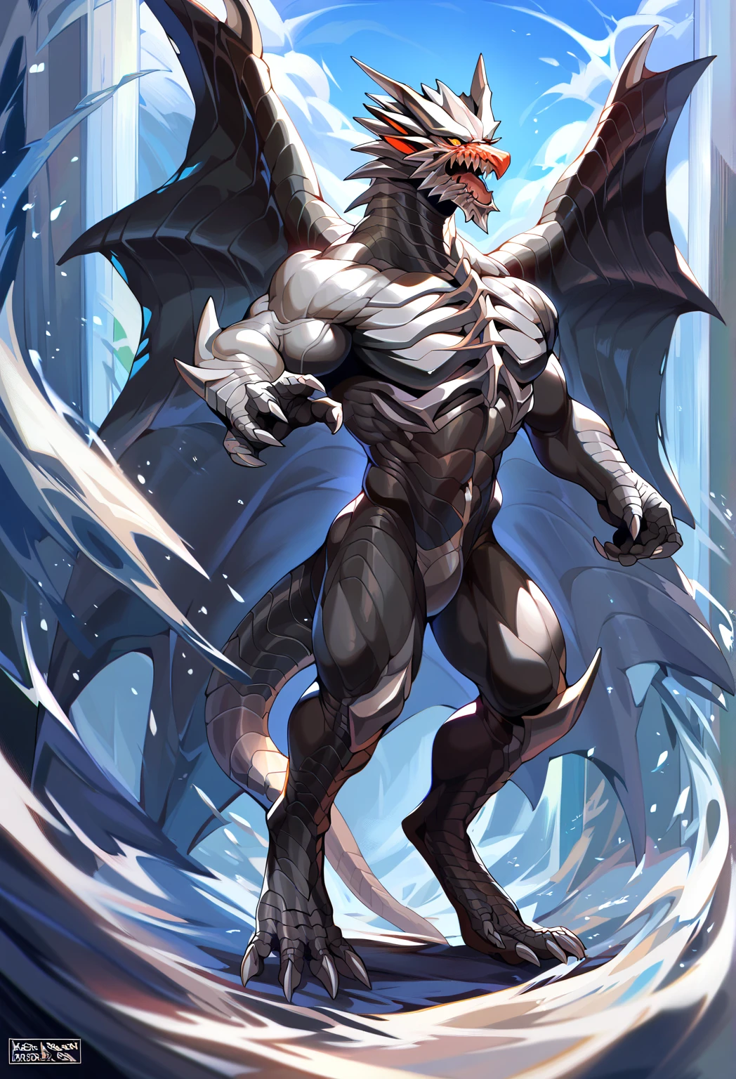 pitch black dragon、black abdomen、crocodile-like scales、pubic hair、Navel hair、crimson eyes、Huge crotch bulge、Dark forest background、Big storm situation、A storm is blowing、Masturbation Poses、sideways pose、Completely naked、body wet with a large amount of milk、expression that screams、angry look、Silvery horns、large wings、blue-purple tongue、a large amount of white slime