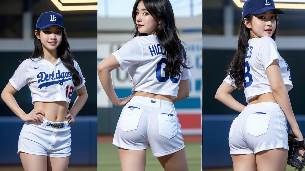 (8k), (highest quality: 1.2), (Realistic), (Realistic: 1.37), Ultra-high resolution, 1 girl, cute, (Embarrassed smile:1.2), (Blushing:1.4),Mouth closed, Beautiful details, Beautiful Nose, black straight Hair, Giant Dulcefo, pork, Thighs,Navel exposed,(fubon angels), (white baseball uniforms:1.2),(Blue team logo:1.2),(white tiny hot pants:1.2),Platform boots,Dancing on the stage,(Shiny Thighs:1.4),Medium Shot,(from behind:1.2)