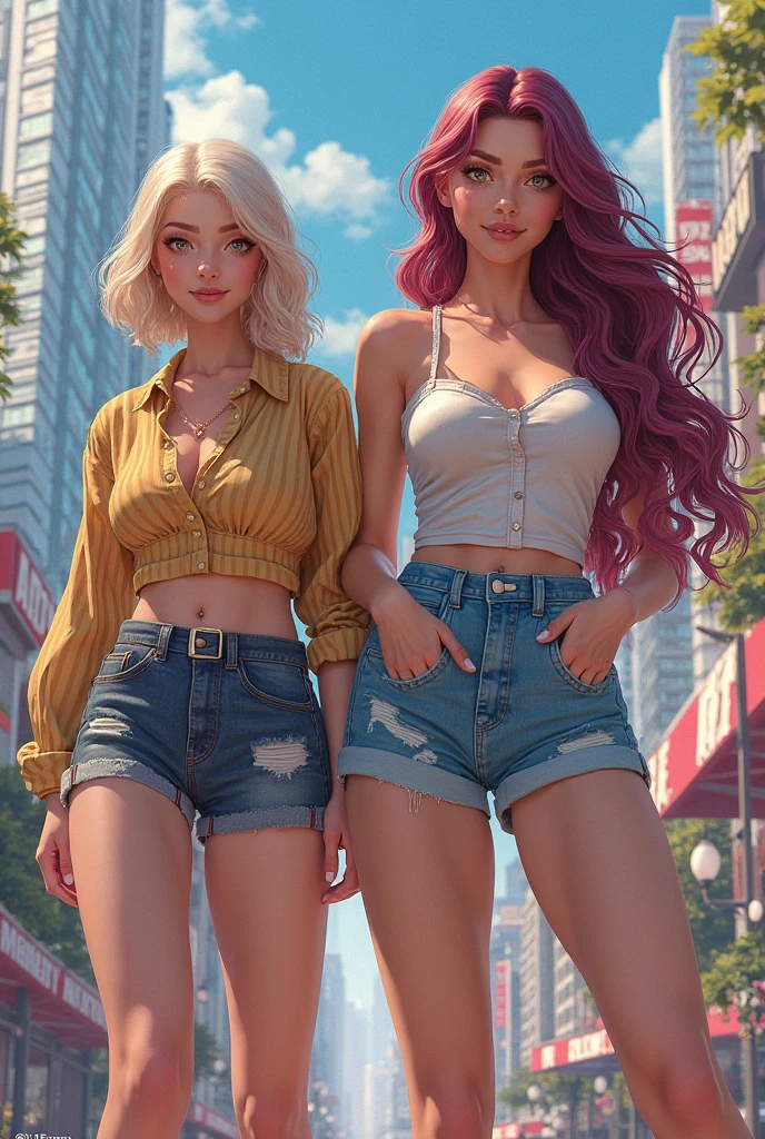 (Best quality, 4k, Masterpiece :1.3), beautiful woman, hyper realistic, 1girl, (droopy breasts, attractive body :1.2), sit-ups :1.1, long straight light yellow hair with fringes :1.1, ultra-detailed face, detailed lips, detailed eyes, double eyelid, tight short pink bra, open neckline, hanging breasts, side pose, visible curves, on the street, light blue and tight short jean shorts, muscular turned leg, Big breasts, light green eyes, pink high heels, open sky with sun, smiling, big ass, standing on his back looking back, show more ass, hands on ass, freckles on face, freckles on ass, verybadimagenegative_v1.3, ng_deepnegative_v1_75t, (ugly face:0.8),cross-eyed,sketches, (worst quality:2), (low quality:2), (normal quality:2), lowres, normal quality, ((monochrome)), ((grayscale)), skin spots, acnes, skin blemishes, bad anatomy, DeepNegative, facing away, tilted head, {Multiple people}, lowres, bad anatomy, bad hands, text, error, missing fingers, extra digit, fewer digits, cropped, worstquality, low quality, normal quality, jpegartifacts, signature, watermark, username, blurry, bad feet, cropped, poorly drawn hands, poorly drawn face, mutation, deformed, worst quality, low quality, normal quality, jpeg artifacts, signature, watermark, extra fingers, fewer digits, extra limbs, extra arms,extra legs, malformed limbs, fused fingers, too many fingers, long neck, cross-eyed,mutated hands, polar lowres, bad body, bad proportions, gross proportions, text, error, missing fingers, missing arms, missing legs, extra digit, extra arms, extra leg, extra foot, ((repeating hair))