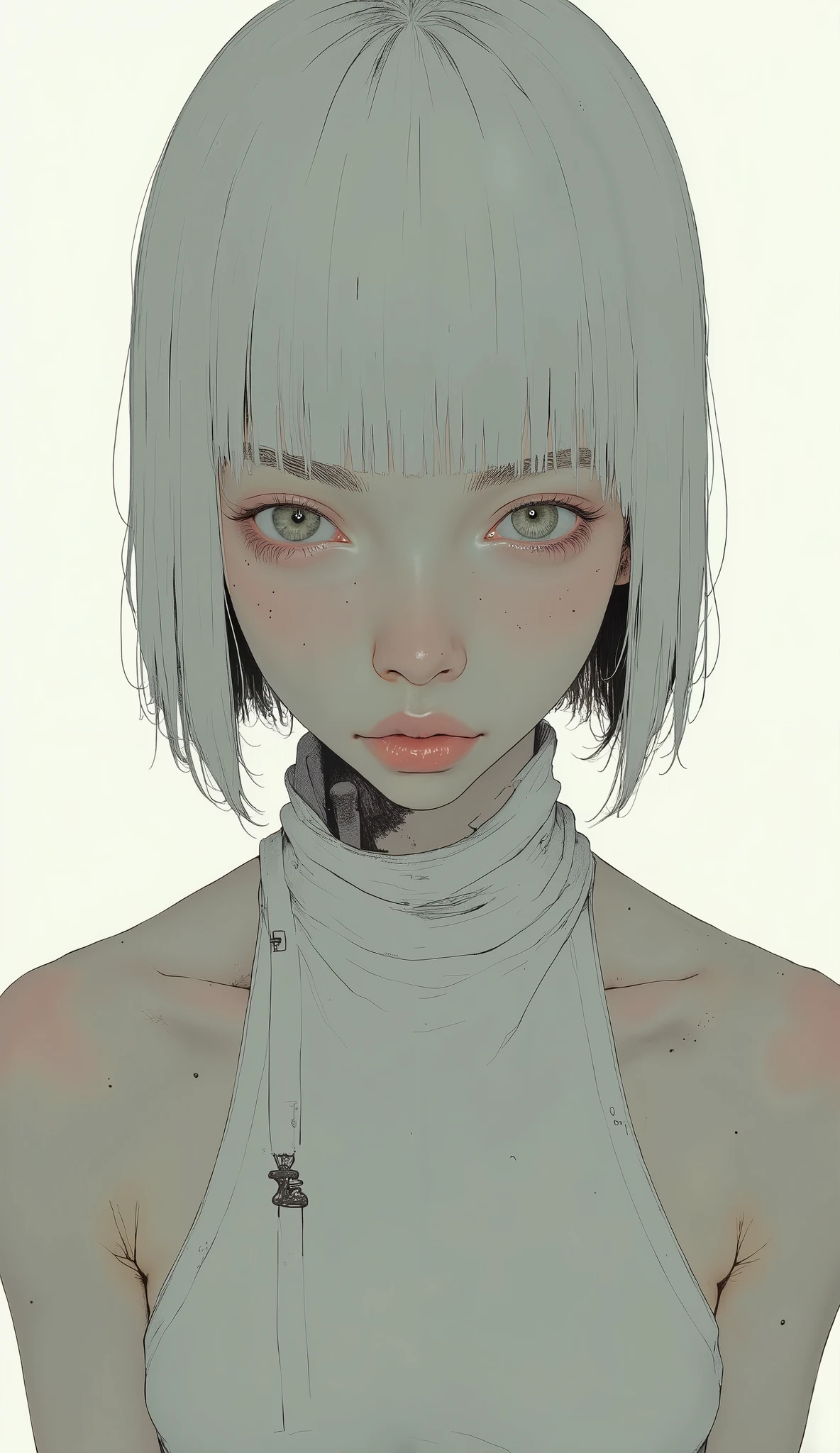 
Super zoom up to the face、short, white hair. that person wears a white halter top, Digital artwork depicting a person wearing a white halter top。muscular shoulders and upper back, Everything other than the skin blends into the white background with strong lighting.Skin floats in the background、Strong lighting removes shadows