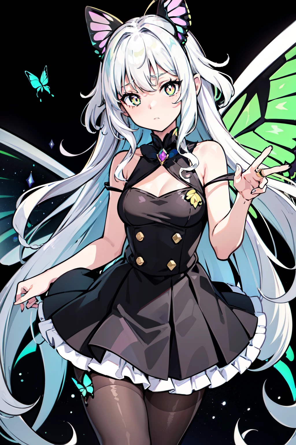girl, (green butterfly ears:1.1), (white hair), (long perm hair), ((white eyes)), ((faint pupils)), ((Noodle Hair )), ((ringlet)), (Black Butterfly), (Dynamic Poses), (Sci-Fi Style), (colorful idol costume), (Black Butterfly aesthetic), (miniskirt), (black pantyhose), (Black Butterfly wings:1.3), (Dynamic Angle), {{more}}_details:-1, {{more}}_details:0, {{more}}_details:0.5, {{more}}_details:1, {{more}}_details:1.5, Shine, {{more}} prism, Vivid Colors, jewelry background, Floating Gems, floating glass shards