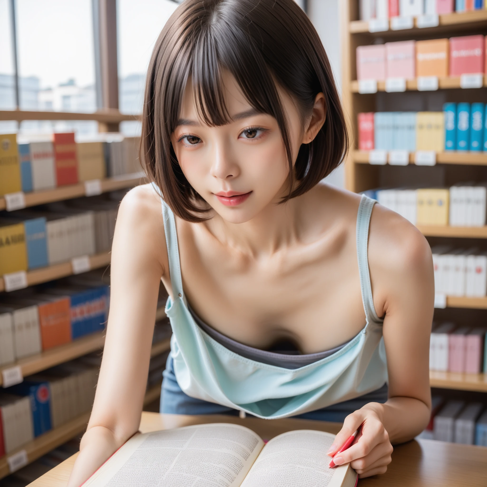 Highest quality、masterpiece、High resolution、4K、A real 18 year old woman、Completely naked、short hair、One Girl、Small breasts、、Small breasts、Natural smile、Mr.々A pose、White skin、Cowboy Shot、Finished face、Young face、Slender body.Small Face、clear、Japanese Idols、 and thin woman、White、Ultra HD、Inside the library、From a little distance、Natural light、Young body、Baby Face、Slender figure、I can see your feet