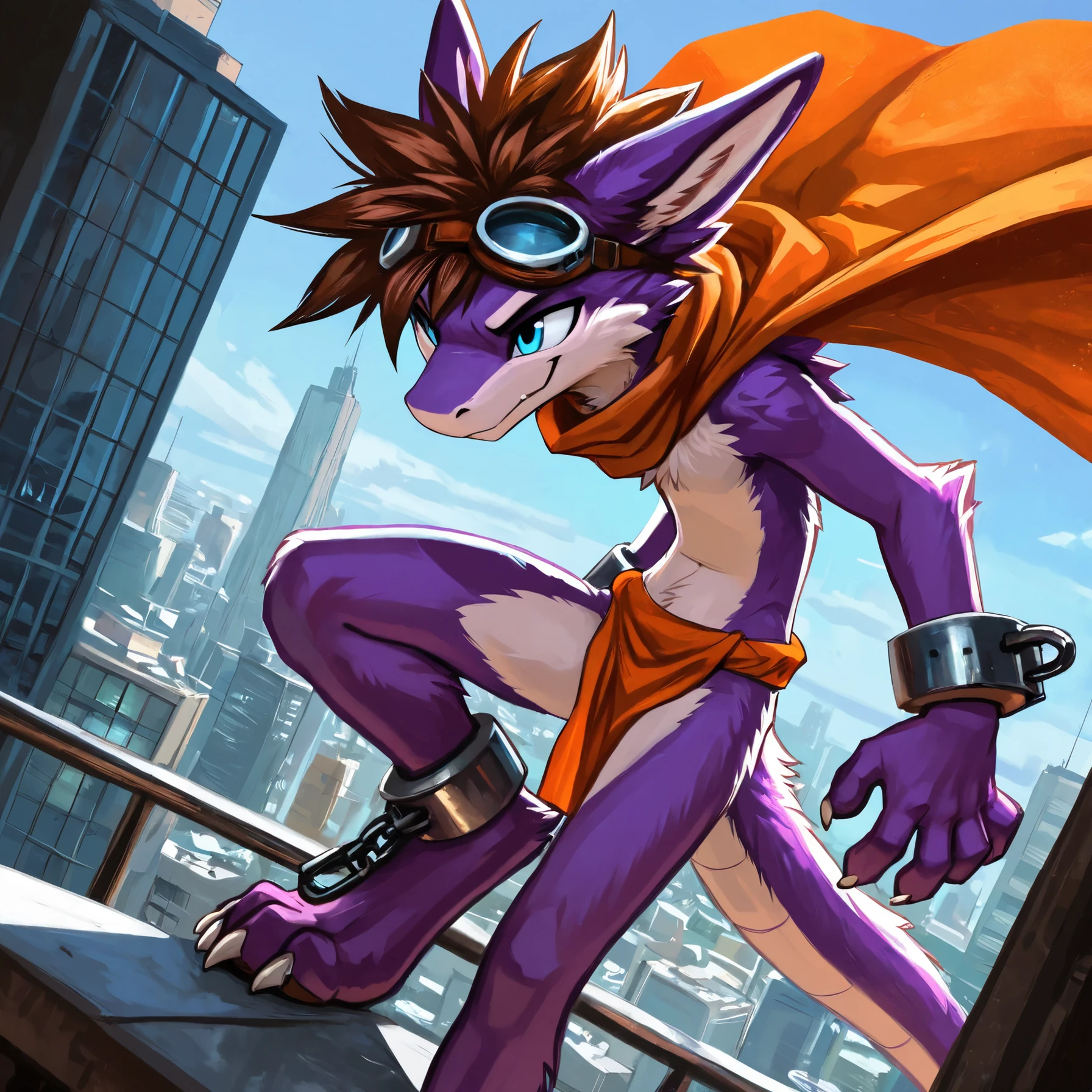 no lighting , deep shadow , dynamic angle , male , Furry , dragon, spiked brown hair only on head , blue eyes , goggles , orange loincloth , orange cape , masterpiece , detail body , purple fur all over body , detailed face , detailed eyes , detailed hands , Skinny , claws , high resolution , metal cuffs on wrists , metal cuffs on ankles , no shirt , no underwear , city , smirk, art by kenket
