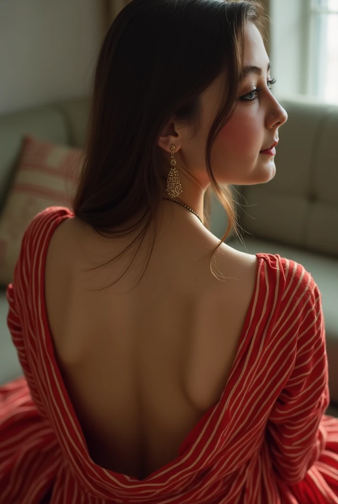 ((best qualityer)), ((work of art)), (detailded), 1 girl, red off-shoulder sweater, 
  Looking back With fingers in , close na  grande, prominent pubic hair