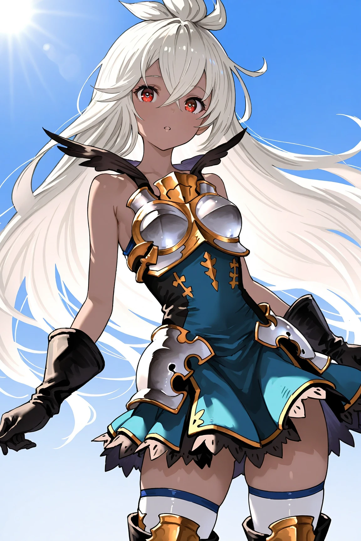 (masterpiece, best quality:1.2), cowboy shot, solo, 1girl, smile, looking at viewer, hand on hip, long hair, white hair, blue eyes, ragnarokascross, gloves, vambraces, red scarf <lora:attire_ro_assassincross-10:1>