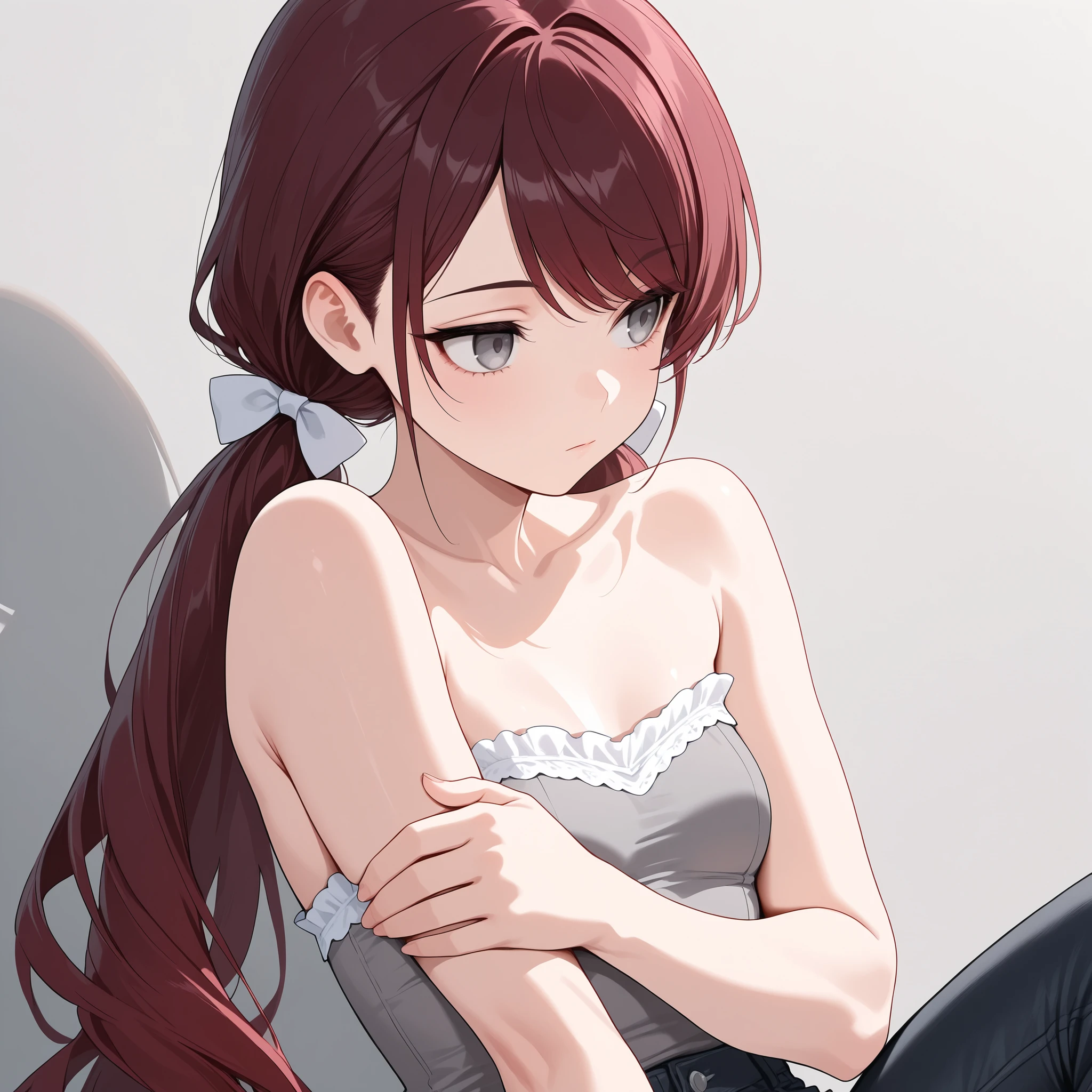 (masterpiece, best quality), solo, intricate details, JK, 1 expressionless girl, looking to the side, hand on own arm, beautiful face, Gray eyes, Dark red hair, long swept bangs, long hair in low twin tails, hair bows, strapless sleeveless shirt, gray shirt, shirt with white trim, white frill trim, black jeans, small breasts, slightly toned arms, close up, portrait,