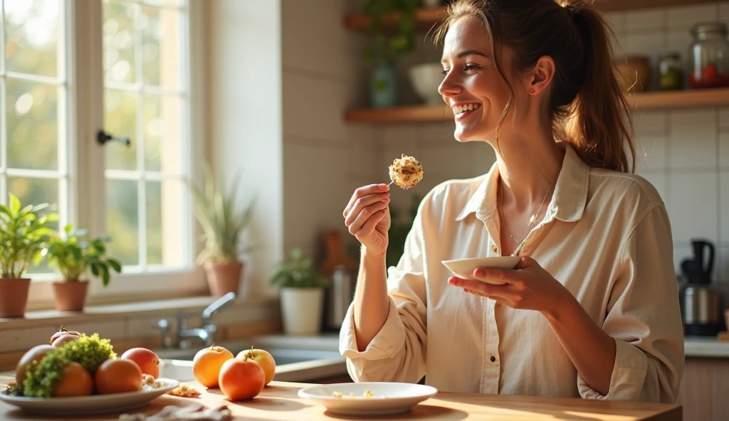 "Create a captivating image that encapsulates the concept of 'Losing Weight with Flavor and Health.' The central focus should be a pretty woman who appears joyful and satisfied while eating a piece of cake. She should radiate health and confidence. Surround her with subtle visual cues of well-being, such as vibrant fruits and vegetables in the background, a pair of running shoes nearby, and perhaps a measuring tape symbolically showing inches lost. The message should convey that it's possible to enjoy delicious treats while making healthy choices and achieving weight loss goals. The image should be vibrant, positive, and inspiring, encouraging viewers to embrace a balanced and enjoyable approach to their fitness journey."