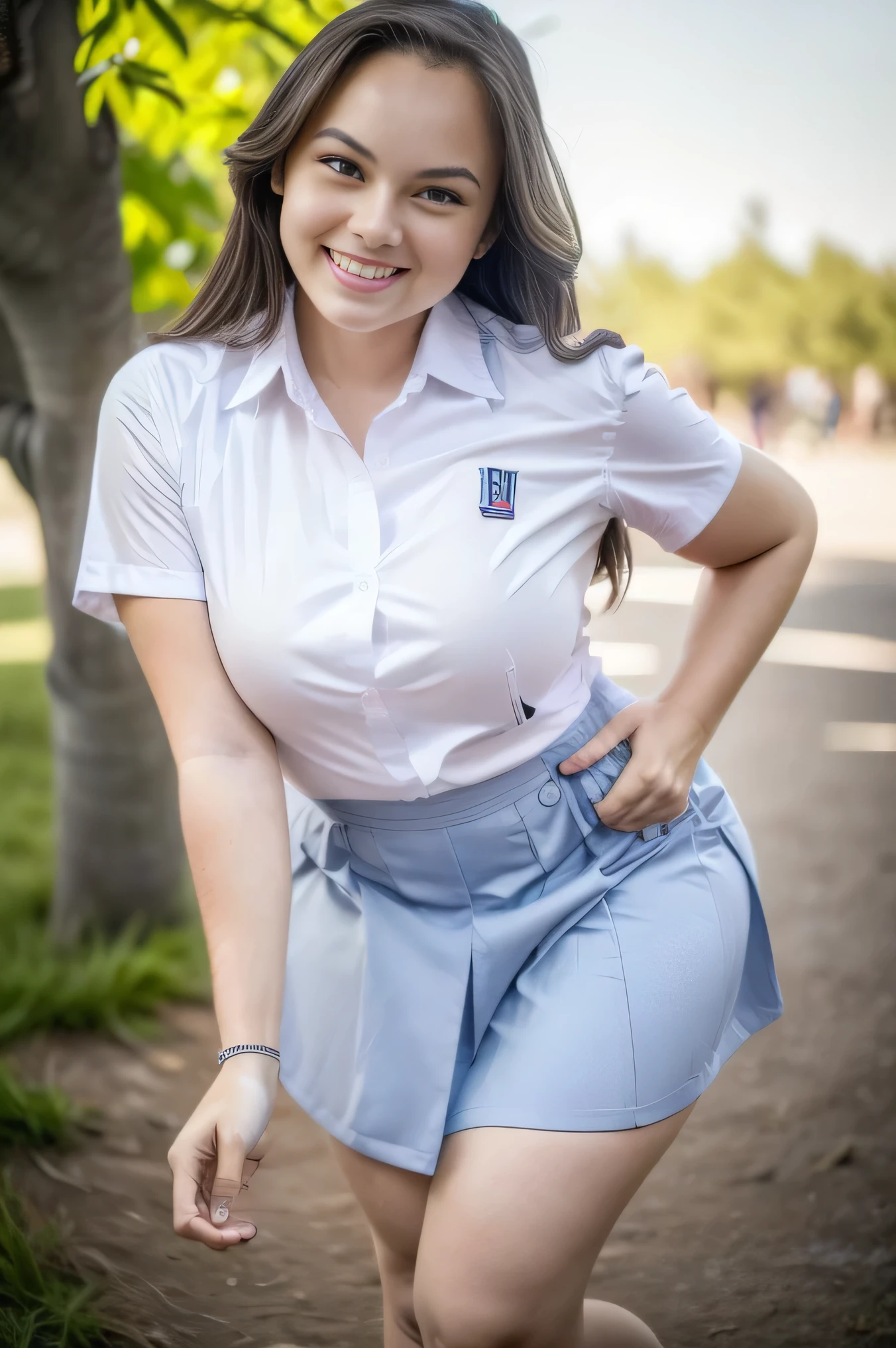 ((in the dark, in the dim deep mountain pass, sky, trees, thin river, rocks, night scene)), (((round face))), (blush, drooping eyes), ((standing and bending to spread legs, hitting her crotch by straddling on the stone bollard for masturbation)), young woman, (summer light blouse, pleated skirt, uniform, school bag, ribbon), hair up, braid, 
