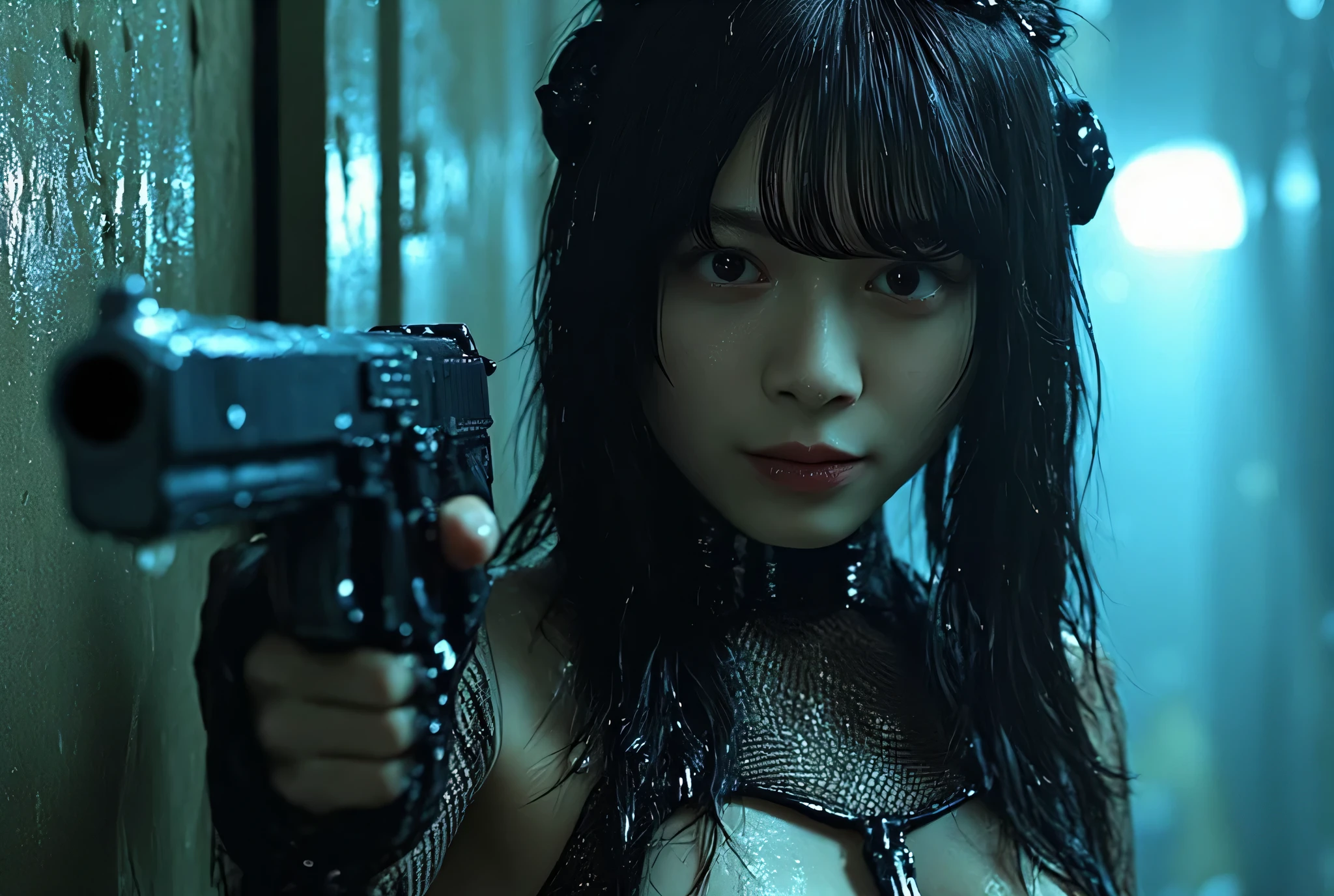 (((On a rainy night with a downpour:2.0))),(((HR Gigger-like cyberpunk vibe:2.0))),(((holds 2 cyberpunk-style submachine guns:2.0))),(( pointing a muzzle at the viewer :2.0)),standing,((full body:2.0)),one woman,(cute face:2.0),(Beautiful well-balanced face :2.0),((long hair with bangs:2.0)),(black hair:1.5),(Beautiful Eyes:1.3),Glamorous shot of an 18 year old Japanese woman,Beautiful slender body,((model body type:2.0)),((slim body:1.7)),Perfect Body Line,ideal proportions,((small breasts:2.0)),((Three sizes 84-55-85:2.0)),((B-cup breasts:1.5)),beautiful breasts,Bare thighs,Sensual Thighs,delicate body,(succulent:1.7),harmonious posture,((Realistic breast depiction :1.7)),Carefully drawn limbs based on perfect anatomy,((Dark skin made of transparent resin:2.0)),((体にフィットした透明樹脂製の黒いfull bodyタイツ:2.0)),((black rubber nipples:2.0)),(ear monitor:1.5),((Tactical Holster:1.5)),((((Coarse mesh fishnet stockings:2.0)))),concept art,(Best Quality:1.5),(masterpiece:1.5),(超高resolution),resolution,UHD,(Delicate Description), carefully drawn with butterfly wings ,32k,((realistic skin texture that shows through the whole body:1.5)),(((ultra-realistic:1.5))),carefully draw eyelashes,very detailed face,Highly detailed female hand, Sexy appearance ,very sensual,(Blurry Dim Backgrounds :1.5),Professional Photography,(Dynamic Angles),(movie lights:2.0),((Blade Runner style light:2.0))