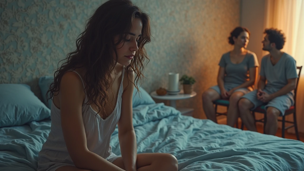 "In a dimly lit room, an individual sits on the edge of the bed, amidst the quiet that envelops the space. Faint light from the open window illuminates the corners, casting a profound sense of loneliness. In their hands, a photograph is held, observed with profound sadness. The view outside the window feels distant, contrasting with the emptiness felt within their heart. The sound of the rain falling softly blends with the faint sobs heard,