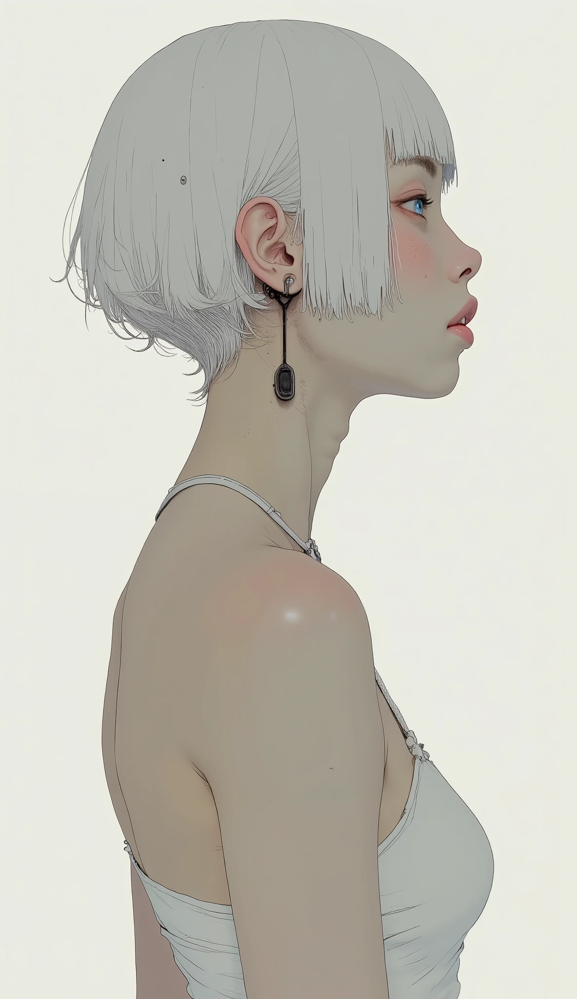 Super zoom up to the face、profile、Look down、short, white hair、clear white skin、 that person wears a white halter top, Digital artwork depicting a person wearing a white halter top。muscular shoulders and upper back, Everything other than the skin blends into the white background with strong lighting.Skin floats in the background、Strong lighting removes shadows