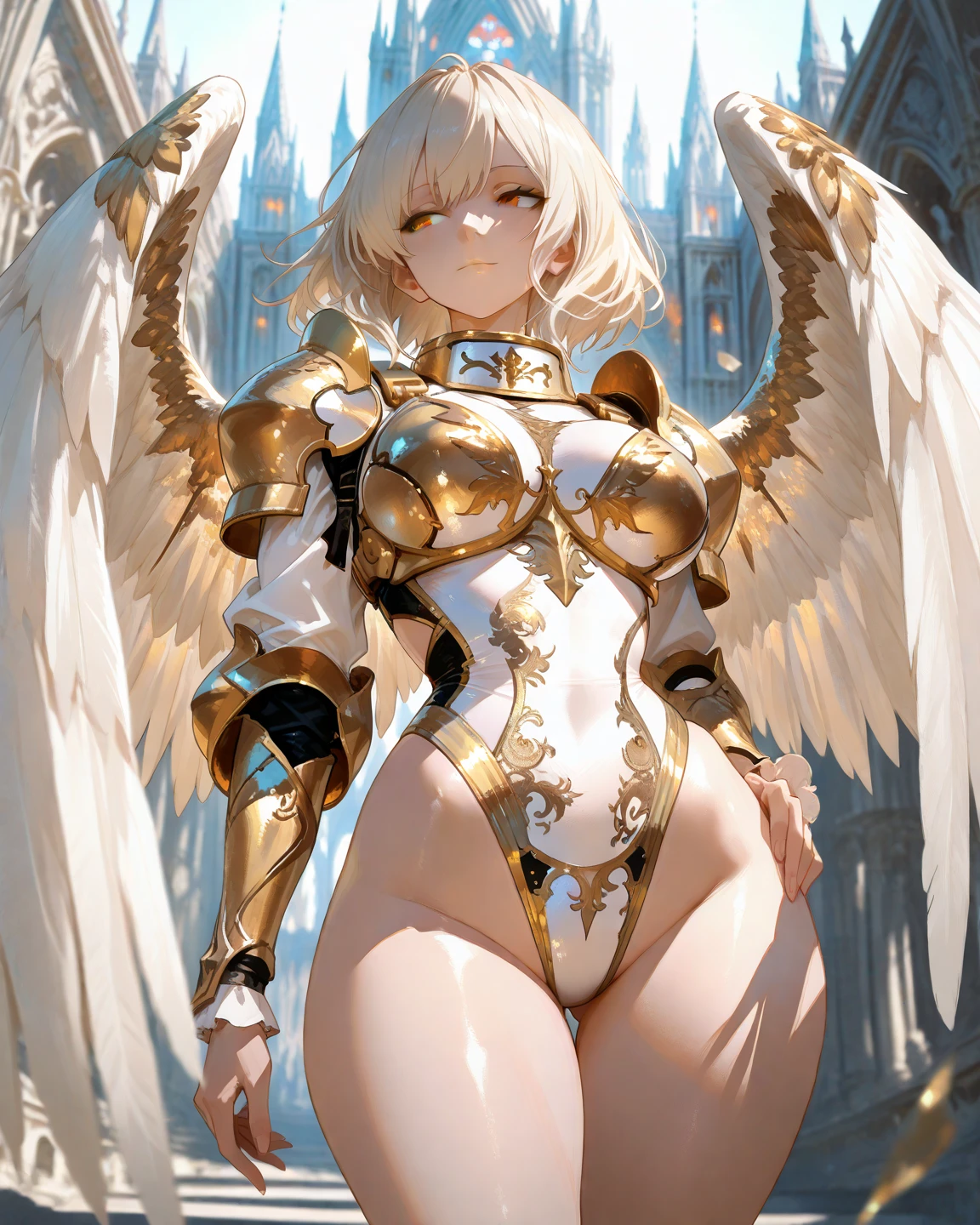(masterpiece, best quality, highly detailed), 1girl, sarielx, heterochromia, braided ponytail, braided bangs, dramatic lighting, god rays, gold armor, underboob, gold skirt, gold boots, angel wings, head wings, cathedral, vitril, stained glass, standing, angel, wings