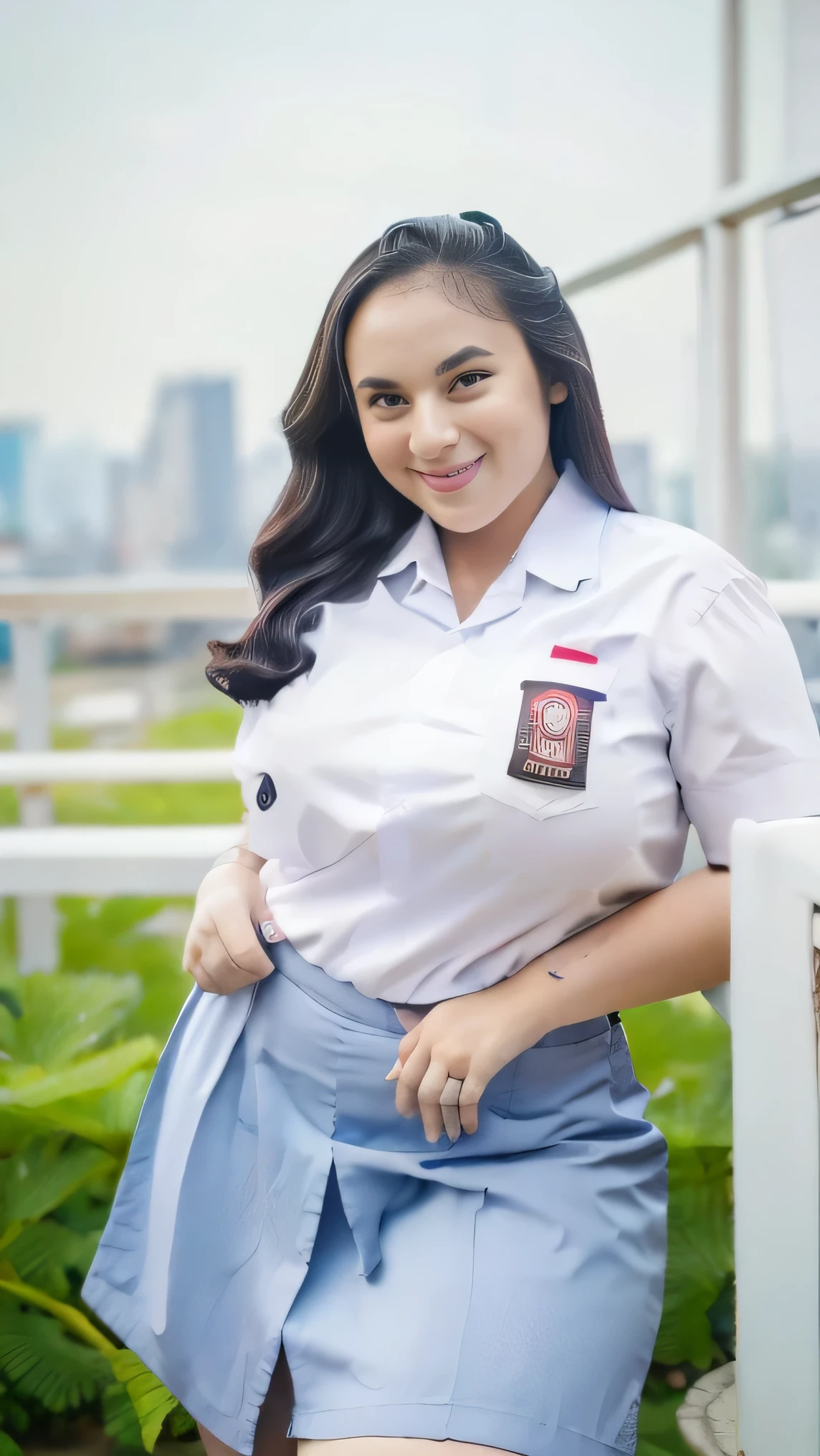 busty asian High school girl on the school yarD LOOKING AT A BOY SHE LIKES TALK TO ANOTHER GIRL. Cinematic lighting and the girl is beautlful with black hair, is shapely , busty with slim waist in school girl uniform