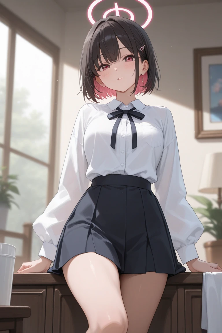 best quality, (masterpiece:1.2), detailed,
1 girl, alone, Smile, Keep your mouth shut, blush,
pink hair, pink eyes, short hair, colorful hair, single bun, black bow, earrings,
Uniforms, black skirt, red belt,
Permanently installed, looking at the audience,(Skirt lift:1.3), (thongs:1.1),White panties indoors