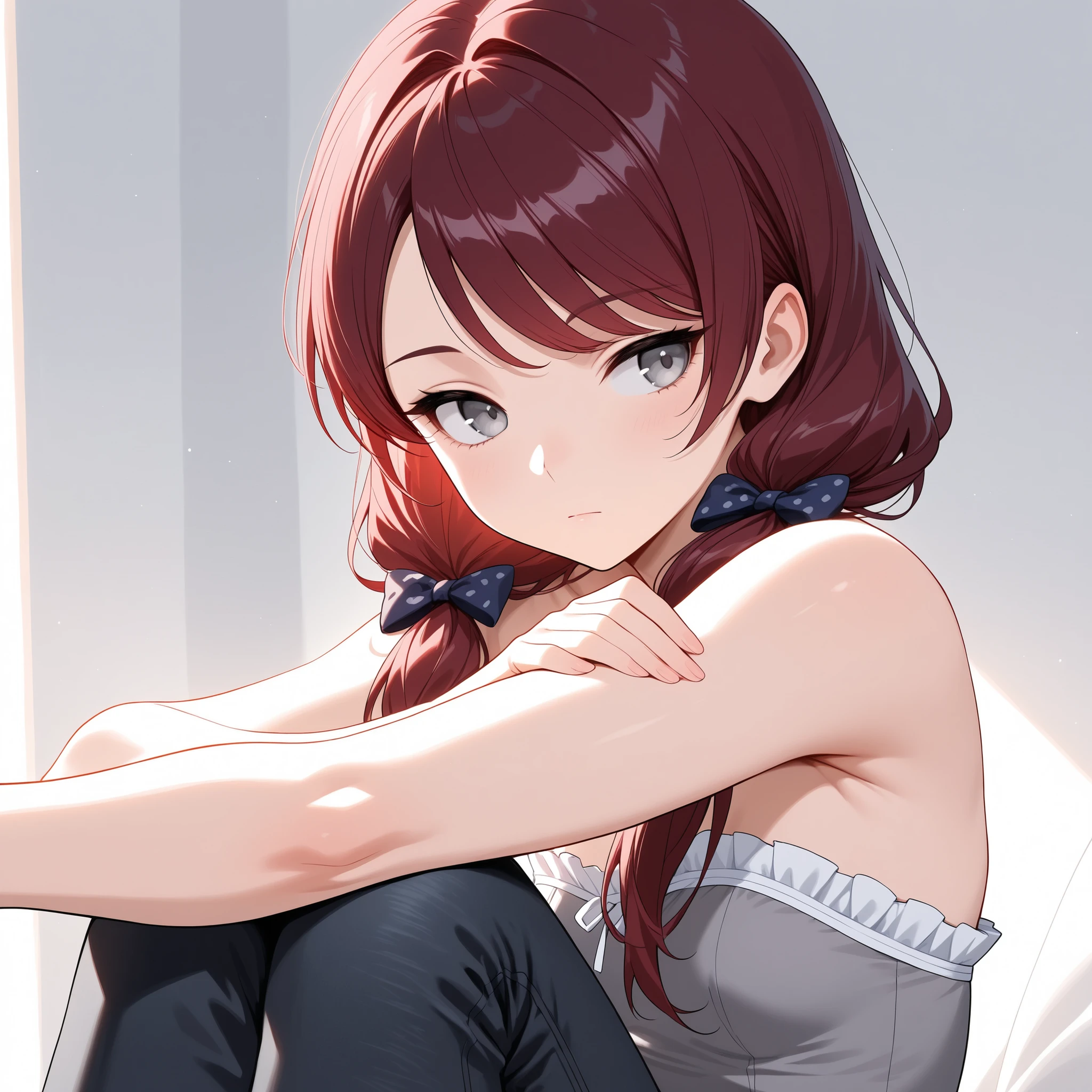 (masterpiece, best quality), solo, intricate details, JK, 1 expressionless girl, looking to the side, hand on own arm, beautiful face, Gray eyes, Dark red hair, long swept bangs, long hair in low twin tails, hair bows, strapless sleeveless shirt, gray shirt, shirt with white trim, white frill trim, black jeans, small breasts, slightly toned arms, close up, portrait,