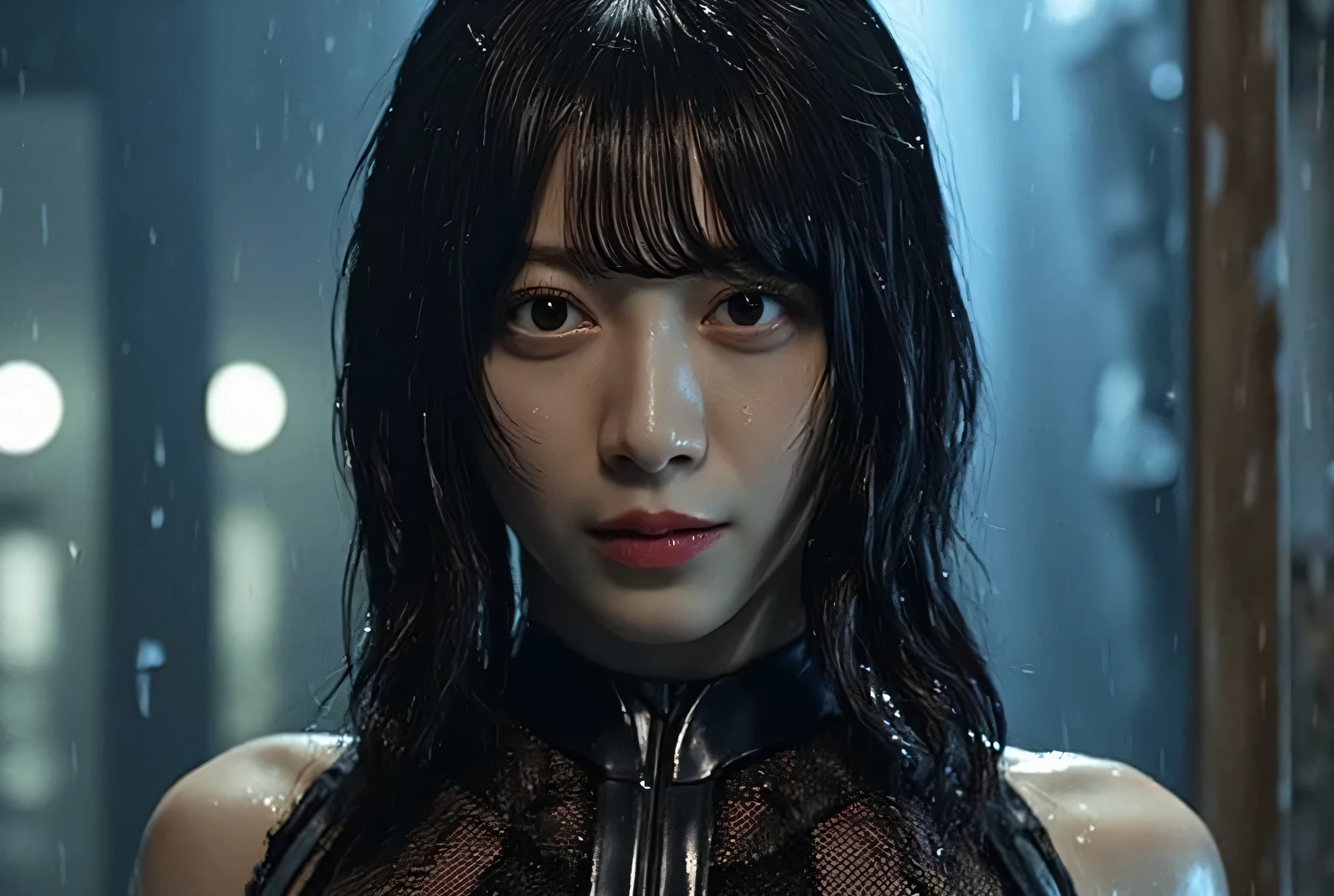 (((On a rainy night with a downpour:2.0))),(((HR Gigger-like cyberpunk vibe:2.0))),(((holds 2 cyberpunk-style submachine guns:2.0))),(( pointing a muzzle at the viewer :2.0)),standing,((full body:2.0)),one woman,(cute face:2.0),(Beautiful well-balanced face :2.0),((long hair with bangs:2.0)),(black hair:1.5),(Beautiful Eyes:1.3),Glamorous shot of an 18 year old Japanese woman,Beautiful slender body,((model body type:2.0)),((slim body:1.7)),Perfect Body Line,ideal proportions,((small breasts:2.0)),((Three sizes 84-55-85:2.0)),((B-cup breasts:1.5)),beautiful breasts,Bare thighs,Sensual Thighs,delicate body,(succulent:1.7),harmonious posture,((Realistic breast depiction :1.7)),Carefully drawn limbs based on perfect anatomy,((Dark skin made of transparent resin:2.0)),((体にフィットした透明樹脂製の黒いfull bodyタイツ:2.0)),((black rubber nipples:2.0)),(ear monitor:1.5),((Tactical Holster:1.5)),((((Coarse mesh fishnet stockings:2.0)))),concept art,(Best Quality:1.5),(masterpiece:1.5),(超高resolution),resolution,UHD,(Delicate Description), carefully drawn with butterfly wings ,32k,((realistic skin texture that shows through the whole body:1.5)),(((ultra-realistic:1.5))),carefully draw eyelashes,very detailed face,Highly detailed female hand, Sexy appearance ,very sensual,(Blurry Dim Backgrounds :1.5),Professional Photography,(Dynamic Angles),(movie lights:2.0),((Blade Runner style light:2.0))
