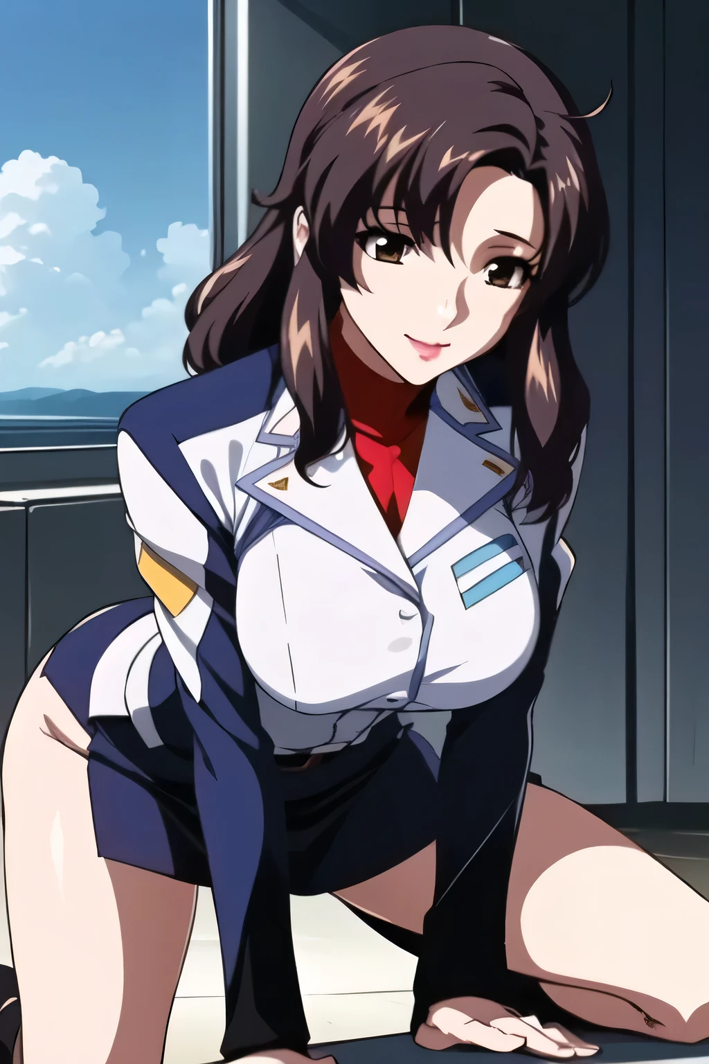 White high boots, (((office lady uniform))),(please draw facial expressions more delicately),(white blouse),(black micro mini skirt)(blue panties),I'll just do this myself、 amazing,I need it for work、Don't fix your face,Please draw 5 fingers accurately,black stockings with the sky in the background, Inside the company , Big black wavy hair, , Big Breasts, thin waist , , ,a woman who is close to 40 and has mature sex appeal, use exactly 5 fingers