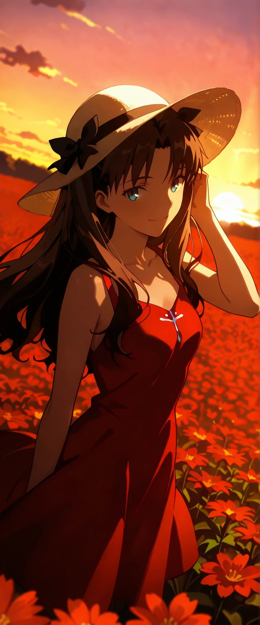 1 woman, rin tohsaka, dutch angle, brown hair, blue eyes, summer hat, red summer dress, cheerful smile, windy, flower field, sunset, chiaroscuro, masterpiece, high quality, highly detailed