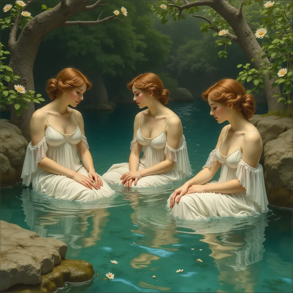 ll body many giant greek woman take a bath and talking together, river, water, litter flower, plan, tree far away, dramatic sky, dramatic cloud, on a dust field, full body, naked, female greek,female greek god, white hair, hairy torso, fantasy, intricate, elegant, highly detailed, digital painting, artstation, concept art, smooth, sharp focus, illustration, art by gaston bussiere and alphonse mucha, naked