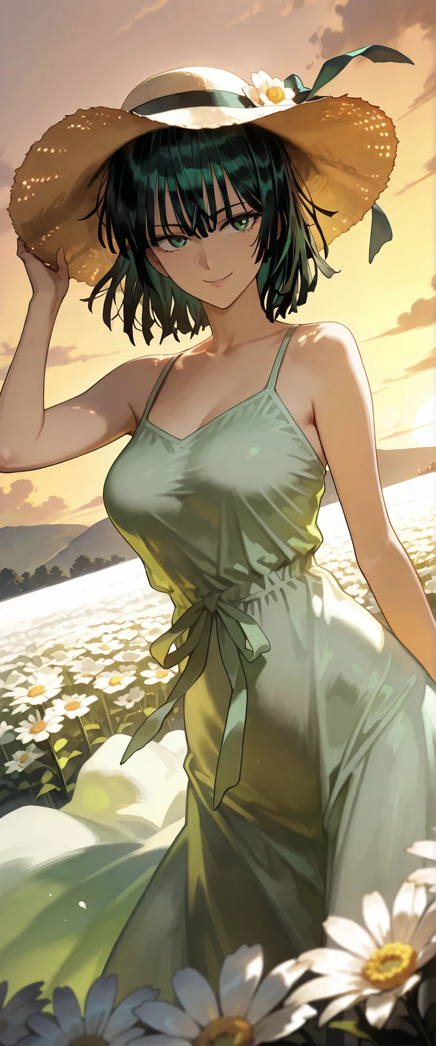 1 woman, fubuki (one punch man), dutch angle, dark hair, green eyes, summer hat, green summer dress, cheerful smile, windy, flower field, sunset, chiaroscuro, masterpiece, high quality, highly detailed