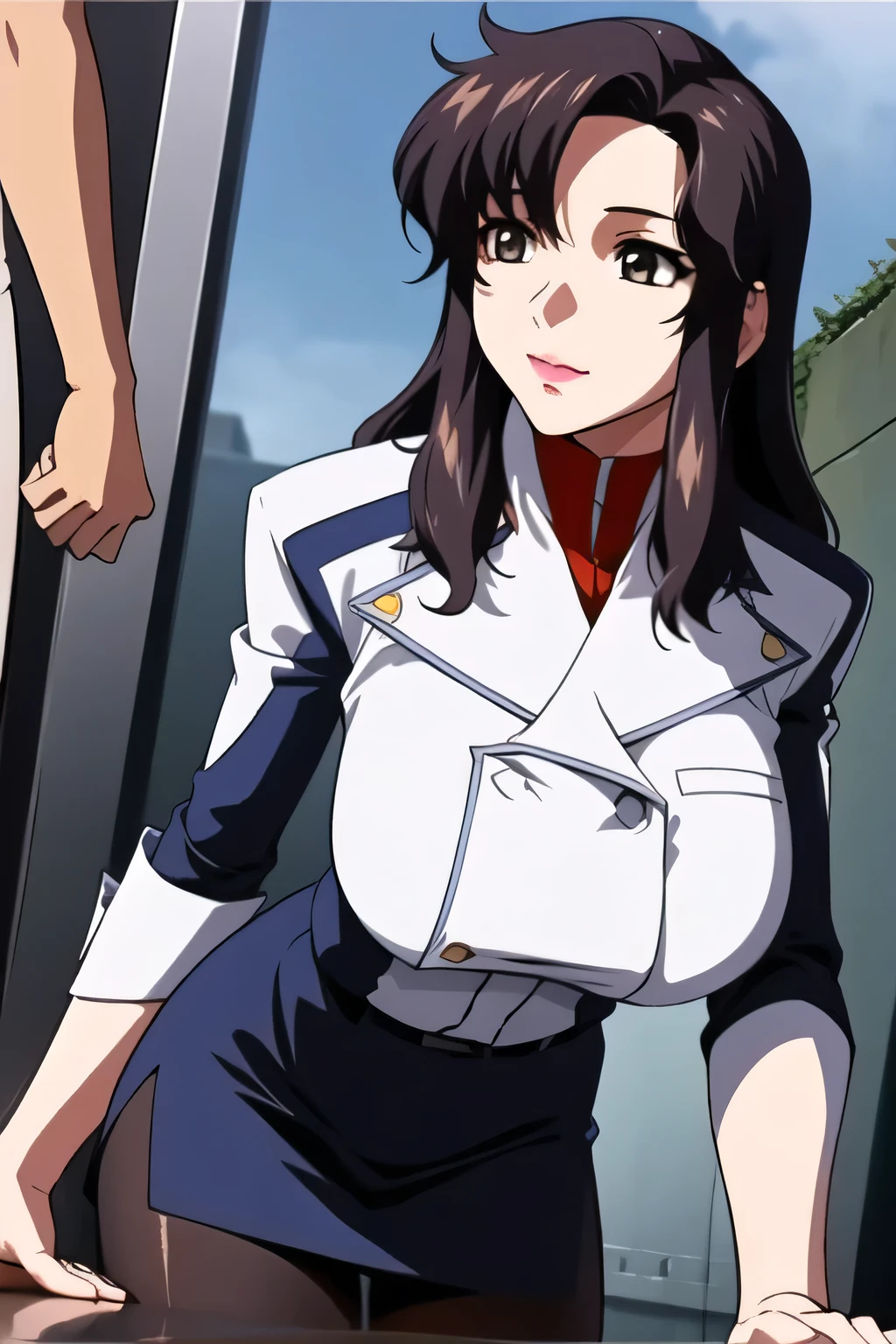 (((office lady uniform))),(Please draw facial expressions more delicately),(white blouse),(black micro mini skirt)(blue panties),I'll just do this myself、 amazing,I need it for work、Don't fix your face,Please draw 5 fingers accurately,black stockings with the sky in the background, Inside the company , Big black wavy hair, , Big Breasts, thin waist , , ,a woman who is close to 40 and has mature sex appeal, use exactly 5 fingers