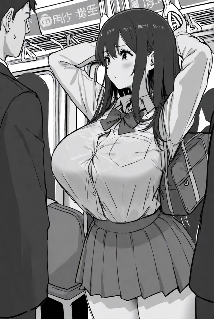 best quality, extremely detailed, anime style adult 1girl, long hair down to the waist, straight hair, ((dark black hair with bluish)),under bun,beautiful detailed eyes, pinched eyes, dark blue eyes, huge breasts,curvy,((((boys' school uniform)))),blazer,((((trousers)))),Clothes with a lot of cloth area,masculine attire,((((handsome)))),((school corridor))