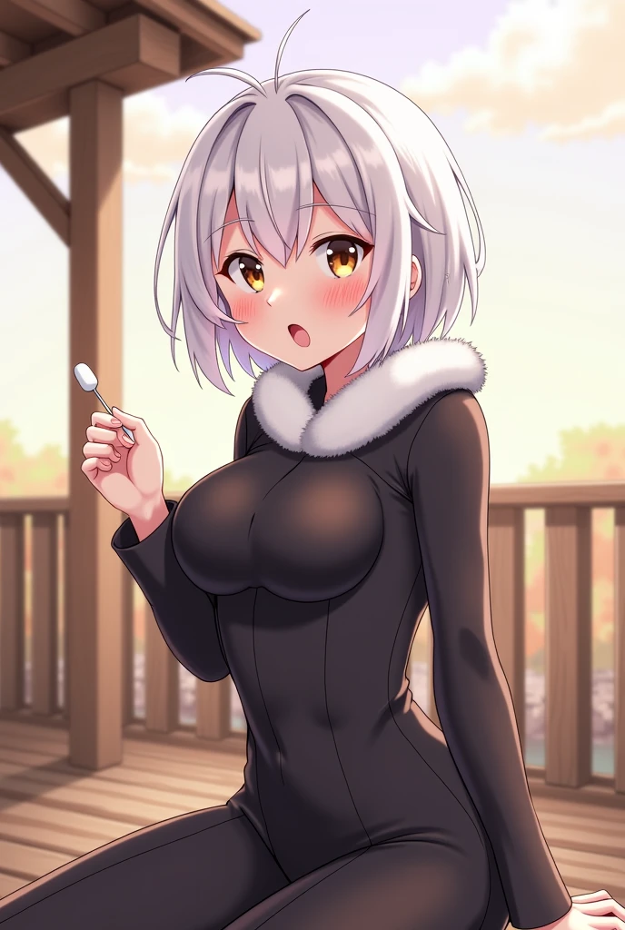 1girl, sarcastic smile, eyebags, gray-colored eyes, messy shoulder-length gray hair, wearing black hoodie, holding up a peace sign on her left hand whilst holding a cigarette on her right hand, showing her tits whilst giving a titjob