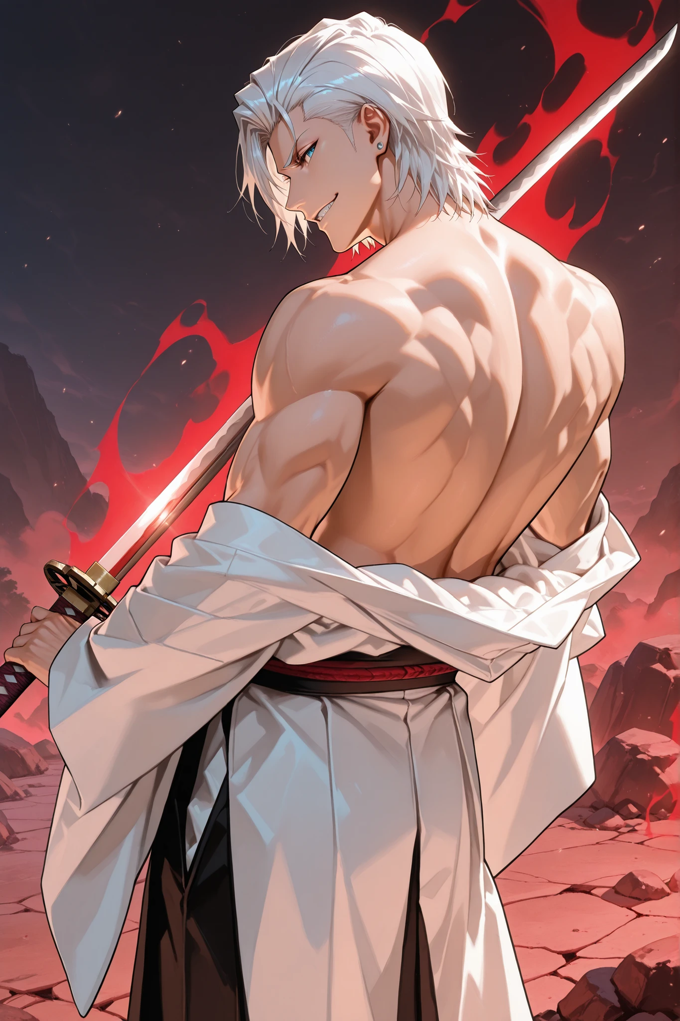 Masterpiece, ultra-detailed, 4K, HD, perfect lighting, cinematic and dramatic, bleach shinigami, battle-focused. ((cowboy shot)), ((Dante reimagined as the Taichou of the 11th Division)), white hair styled slicked back, piercing blue eyes with a confident and mischievous glare. Wearing a customized black shinigami kimono with crimson accents and a flowing white haori draped loosely over his broad shoulders. Zanpakutō strapped securely across his back, the blade glowing faintly with an ominous fiery aura. Strong and defined build, medium-tall height, confident and commanding pose, smirking expression, embodying dominance, arrogance, and unwavering battle spirit. Masculine features, sharp jawline, and a rugged yet charismatic presence. Surrounded by a faint reiatsu aura resembling flames and smoke, exuding raw power and readiness for combat. Traditional Japanese setting, Seireitei background, cracked ground beneath his feet indicating recent battle. Scene reflecting intense energy, charisma, and strength befitting a legendary captain. Best quality, realism, score_9, score_8_up, score_7_up, 2D art, ((solo)), (((1man))), ((masculine))).
dmc3dante, ((taichou)), katana