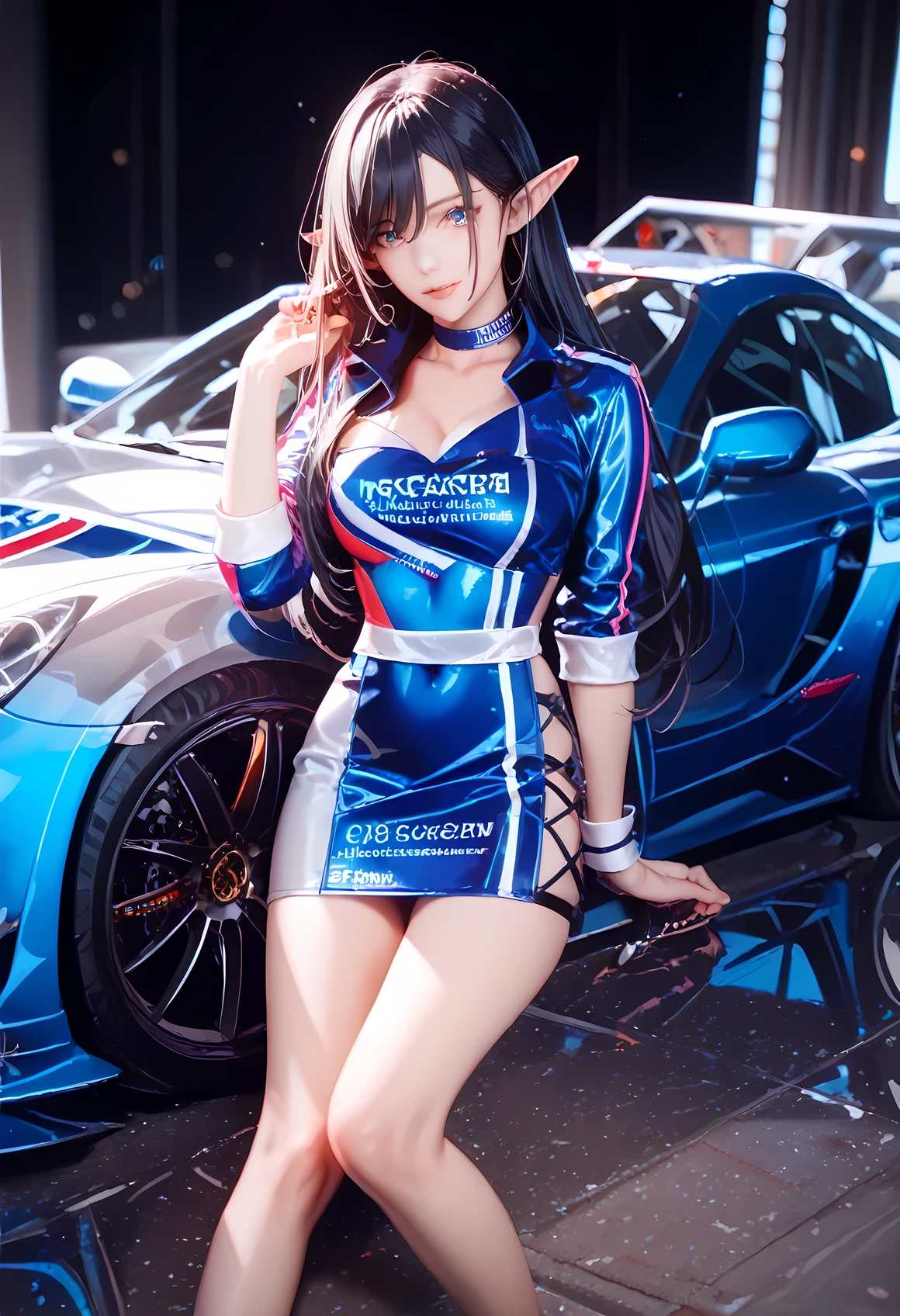 ((best quality)), ((masterpiece)), (detailed), perfect face, ((Best quality, 8k, Masterpiece: 1.3)), F1 racing, circuit, race queen, metallic blue race queen costume, Posing in front of an F1 car, elf, pointy ears, black hair