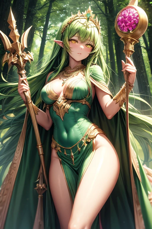 fantasy, 1forest_elemental_girl, (dark_skin)0.9, (using_leaves_clothes, green_leaves_covered_breasts, leaves_covered_pussy),large_breasts, walking, (smile, sleepy:1.1), medium_hair, navel, oil, (winding_vine_around_torso:1.2), forest_background, leaves_headgear, green_leaves_cape,(armpits:0.6), spread_arms, large_staff, thighhighs, plump,