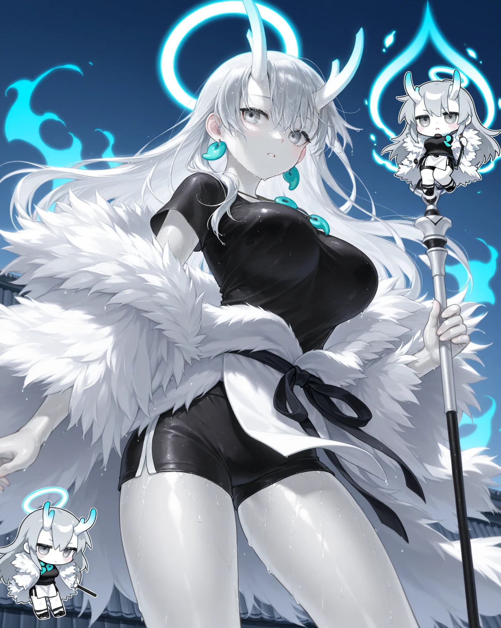 <lora:Helltaker:0.6>, (((<lora:indie_silverfox-10:1>))), masterpiece, silverfox , solo, cowboy shot, standing, navel , bare shoulders, bare arms, big breasts, <lora:animetarotV51:1>