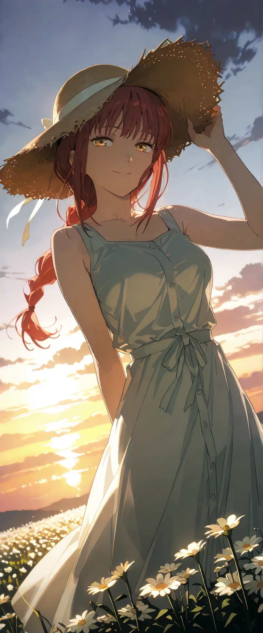 1 woman, makima, dutch angle, red hair, golden eyes, summer hat, summer dress, cheerful smile, windy, flower field, sunset, chiaroscuro, masterpiece, high quality, highly detailed
