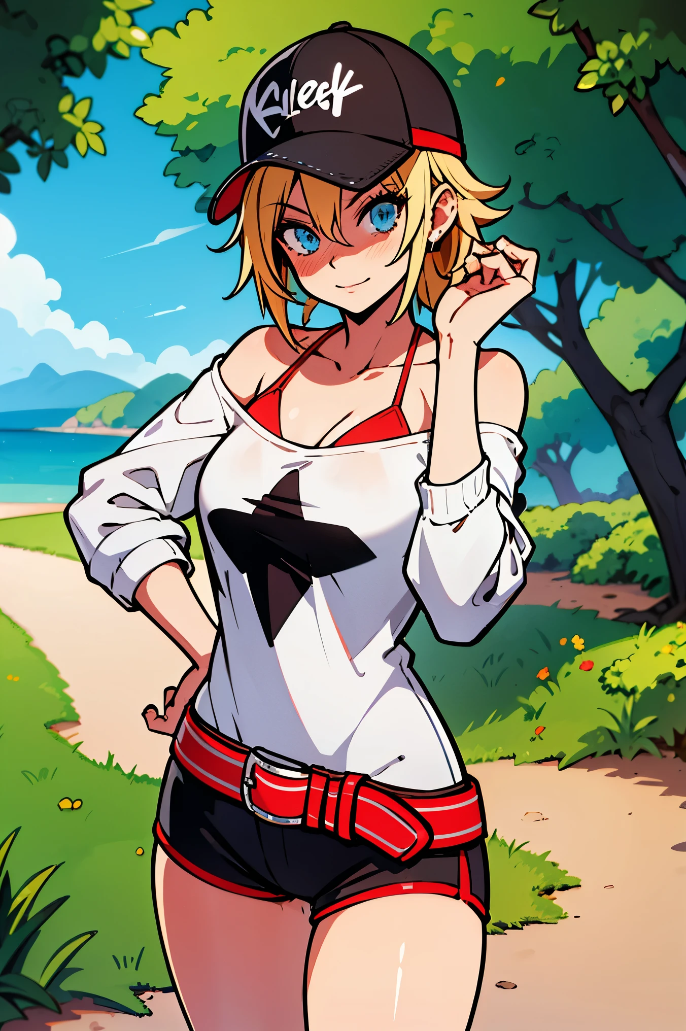 (master part, Best Quality, high resolution, Wallpaper, extremely detailed:1), (illustration:1.0), 1girl, Alicems , kalap, baseball cap, off the shoulder, clivagem, belt, sbikini, shorts , camisa,