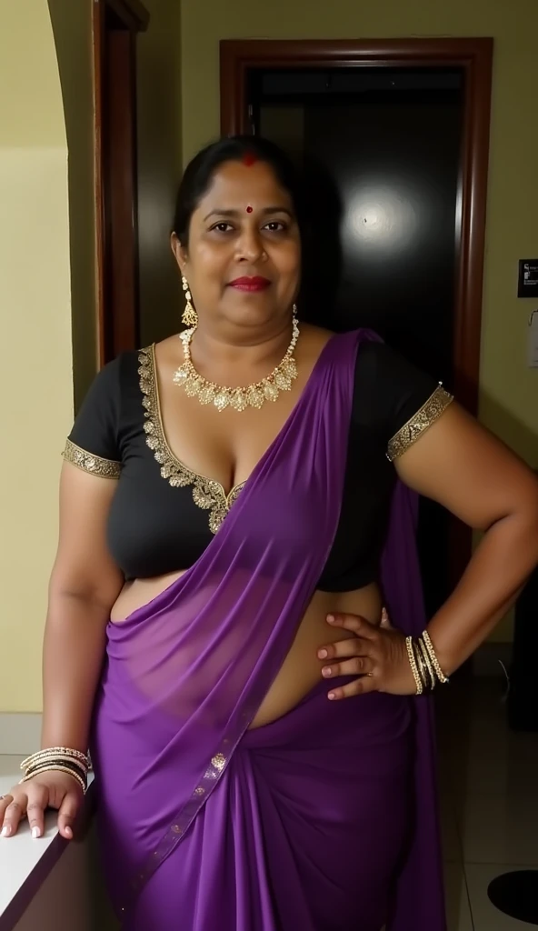 A radiant, full-figured South Indian 25 year old girl wearing a white flower printed cream colour saree tenderly sucking the dick of a jubilant 50-year-old man in kitchen, captured in a full-body image with vibrant hues and meticulous details. Full body image