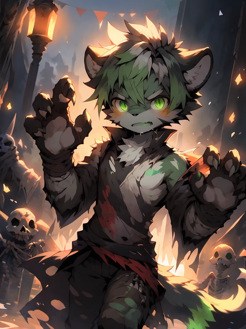 masterpiece, highest quality, soft lighting, intricate details, soft lines, 16k,night,shadow,dark environment, Own, doll,Fox boy,Shota,hero,Both,hero Bothe,undead,broken body,skeleton,Huge wounds,sharp fangs,Black and fluorescent green tones,paw pads,wounds,fluorescent green blood,blood stains,green tongue,green saliva,corpse,tattered clothes,Dirty bandages,Plush paw,paw pads,Fluorescent green pickaxe dyes,green slime,grave,funeral ground，by Pino Deheni, Kanikai, Milk Tiger 1145, Dagasi, ys，