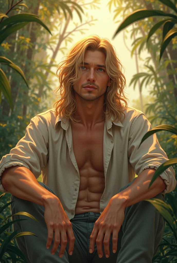painting of an strong blond man, golden skin in the sun, blue eyes, fleshy lips, in the forest, nude and wet hairy chest, hot and sexy man, inspired by tom of finland, William-Adolphe Bouguereau, Gaston Bussiere, Alphonse Mucha.