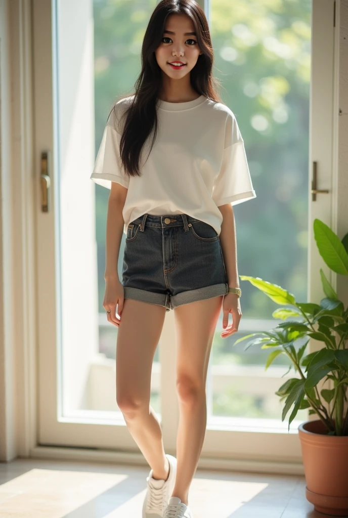 black sock,eye glass,with short black hair,slanted bangs,eye glass,Beautuful Women,white shirt,denim short