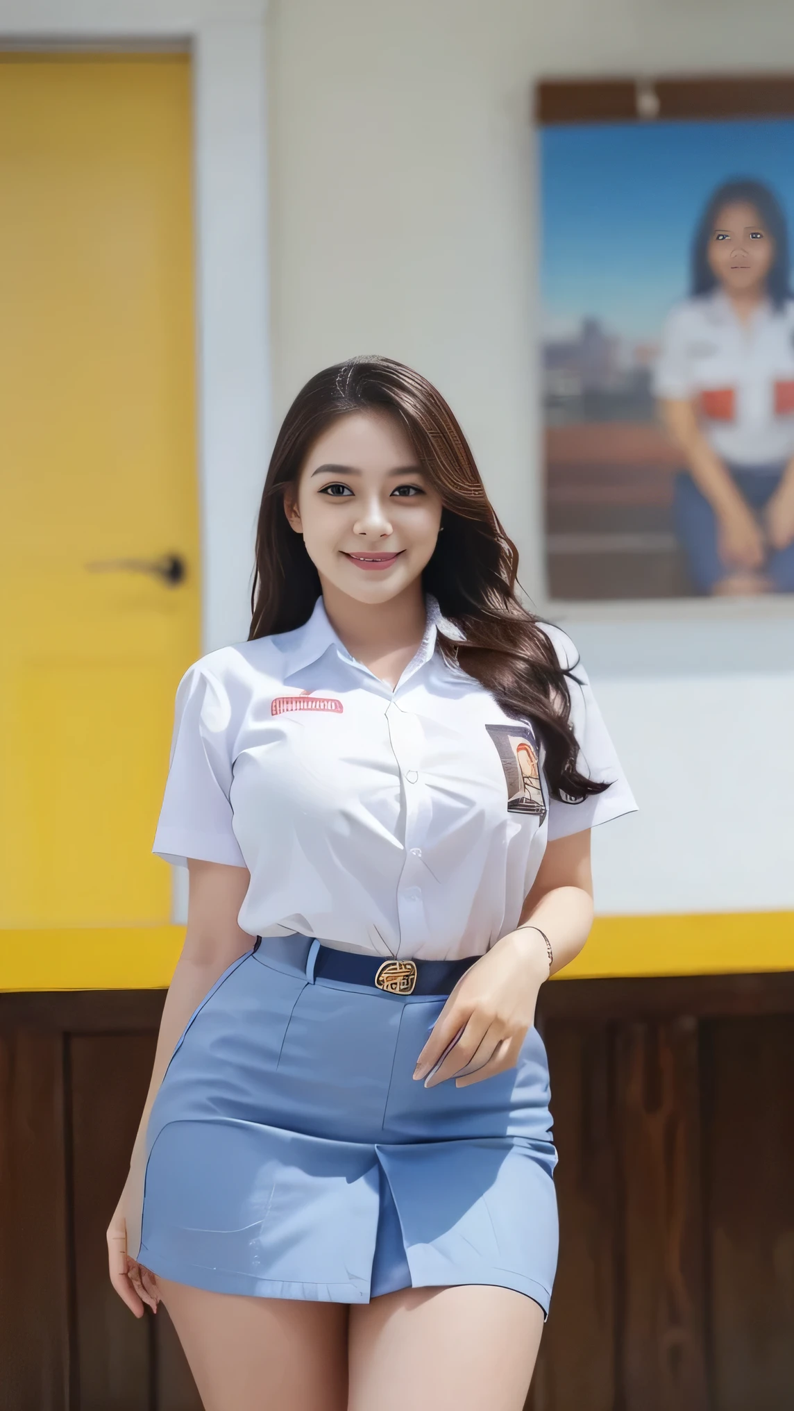 1girl, solo, 19 years old, (uniform), detailed Metropolitan city at the background, portrait, thick breasts, semi-curvy body, smooth realistic skin, cute smile, white shirt, grey blue short skirt, looking at the audience, low angle shot,(8k, RAW photo, best quality, masterpiece: 1.3), (realistic, realistic: 1.37), ultra-high resolution, cowboy shot