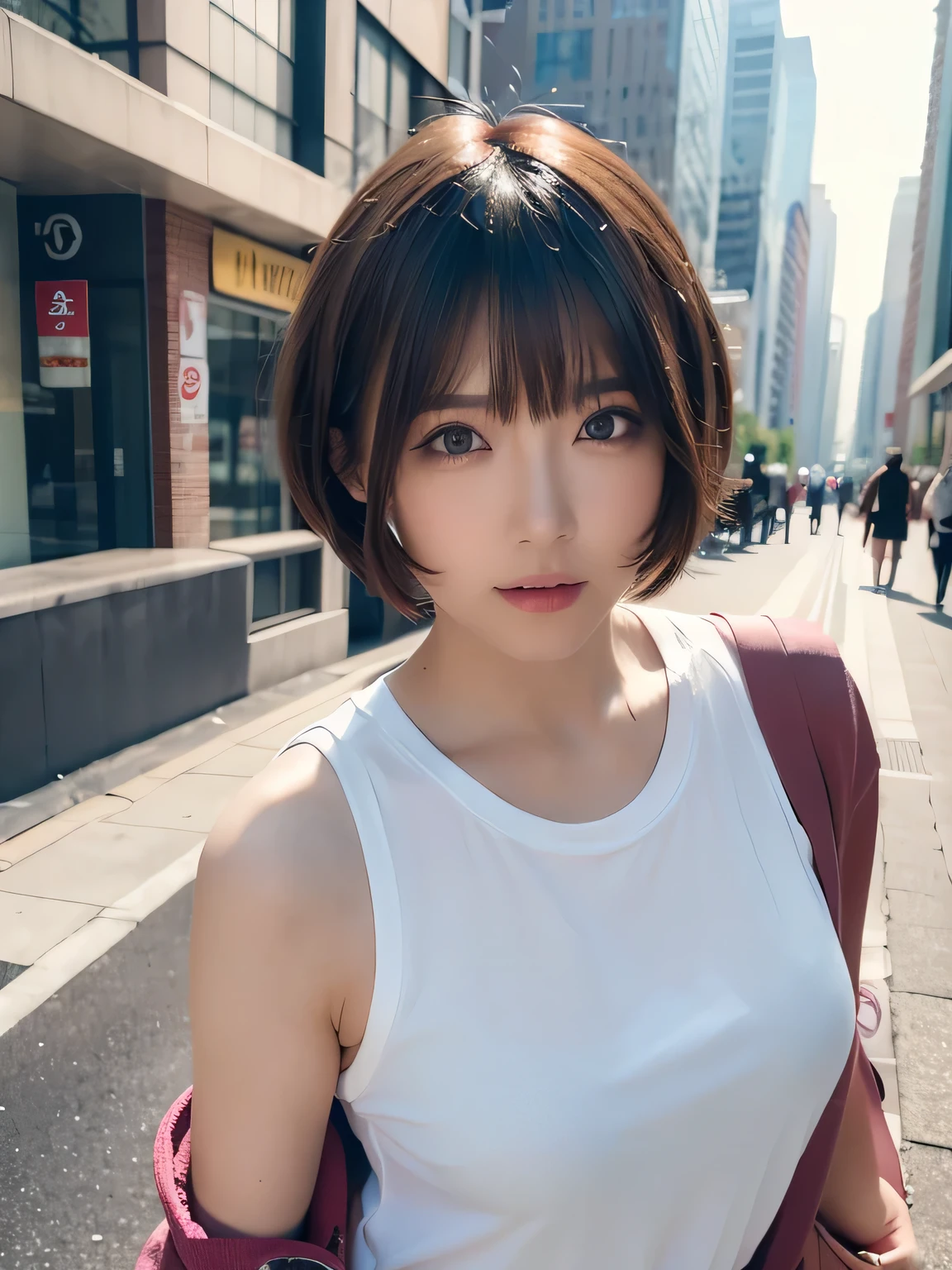 (8K、Raw photography、top-quality、​masterpiece:1.2)、(realisitic、Photorealsitic:1.37)、natta、on tokyo street、natta、Cityscape、cyberpunkcity、Neon light、Walkway、city light、murky、1girl in、No。 105 、Front lens、a closeup、hi-school girl、校服、White blouses、Bloomer、Stockings、Medium bob hair、beautiful a girl、Beautiful light brown hair、plump big breasts、panties focus、