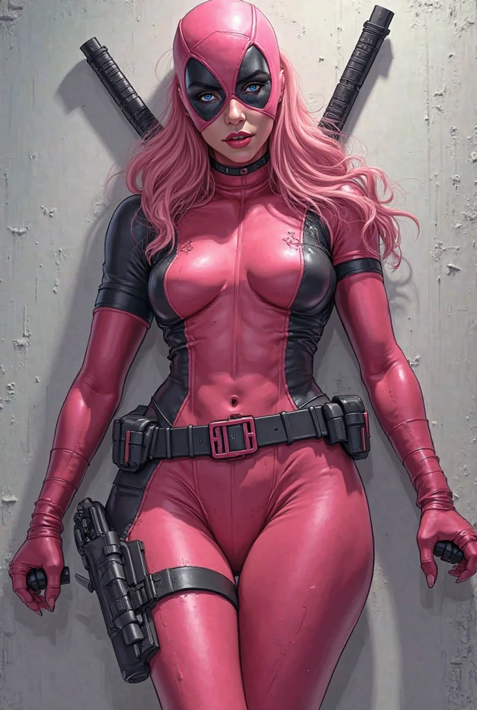 .21 years old woman , long and smooth pink tone hair, completely black eyes, she opted for a mercenary outfit. Booty, busty. Comic style. Marvel comics