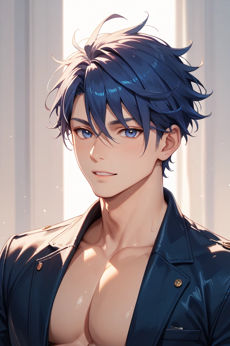 Hombre alto ojos azules sin camisa cabello corte porte militar