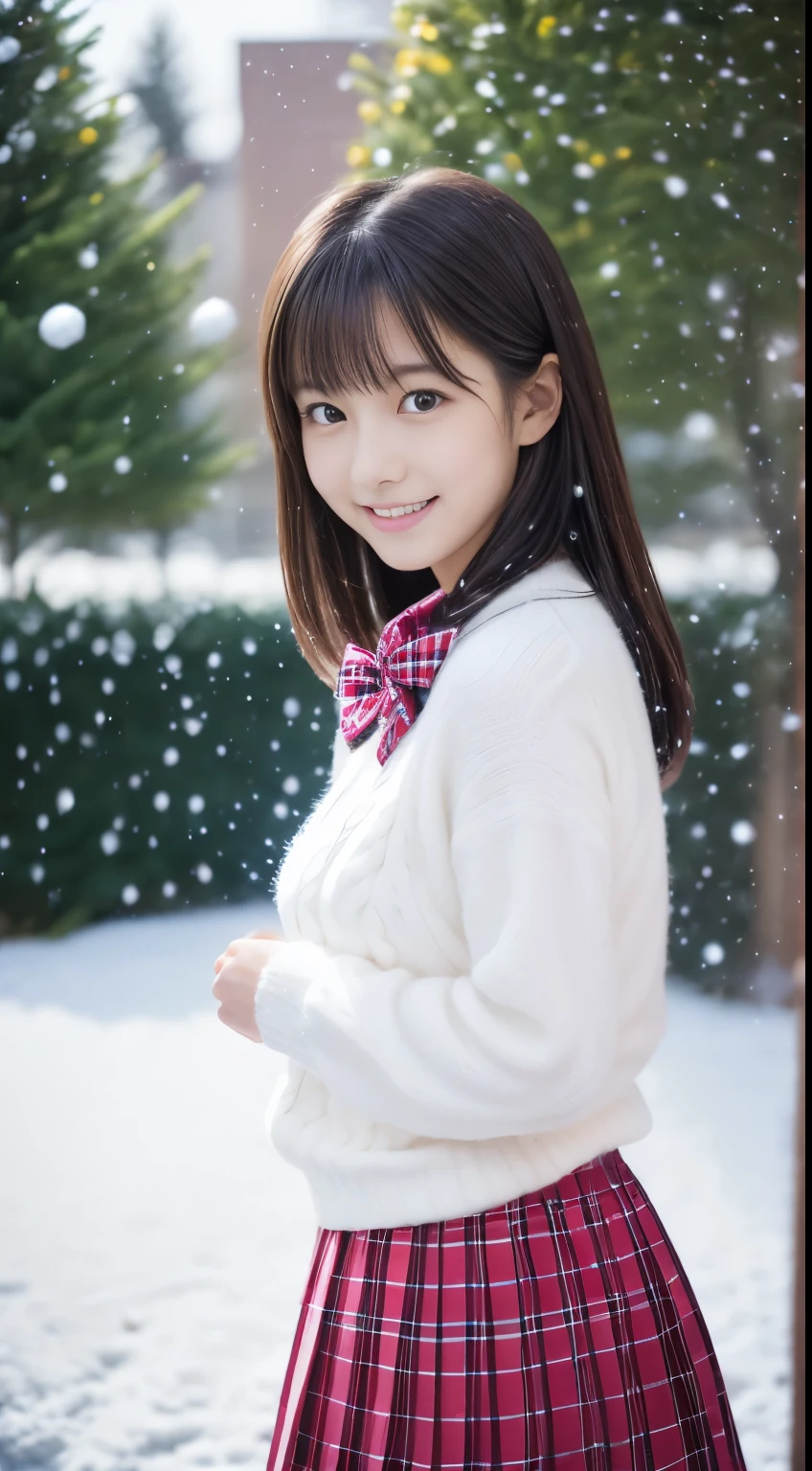 one girl on her back, (o Student),Japanese Gravure Idol, (cute like an idol:1.2), a beauty girl, Discrete Breasts , cleans facial skin , smile shyly, not clear, (Japanese High School Uniform Sailor Color:1.0), ( Fluffy Pink Wool Sweater 、 Red Checkered Pleated Skirt:1.2), full body lesbian、 ( beautiful snowy Christmas tree :1.5), (Dynamic Angle, Dynamic Poses:1.0), BREAK's Masterpiece , of the highest quality, high resolution, details skin, details, details face and eyes, oconnor , natural light, perfect anatomy, Physically Based Rendering, photorealistic, bright symmetrical eyes, well-groomed face,age girl, perfect figure showing a round belly, Transparency, hposing gravure idol,
