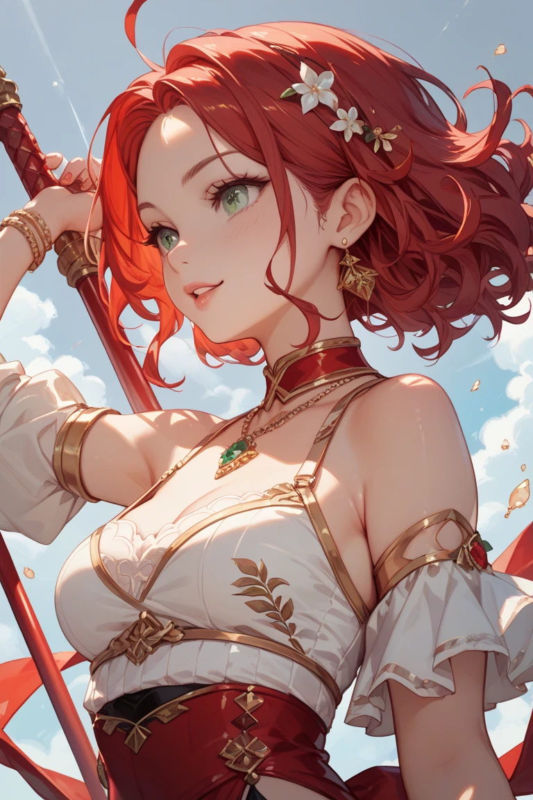 (absurdities, official art, Unity 8k wallpaper, ultra detailed, high quality, best quality), an elf girl, detailed face, beautiful eyes, medium breasts, red hair, pearl necklace, blush, flower bow, skirt, butt, smile, two sides up (butt support), on the edge of the logo, highly detailed, absurd, masterpiece,